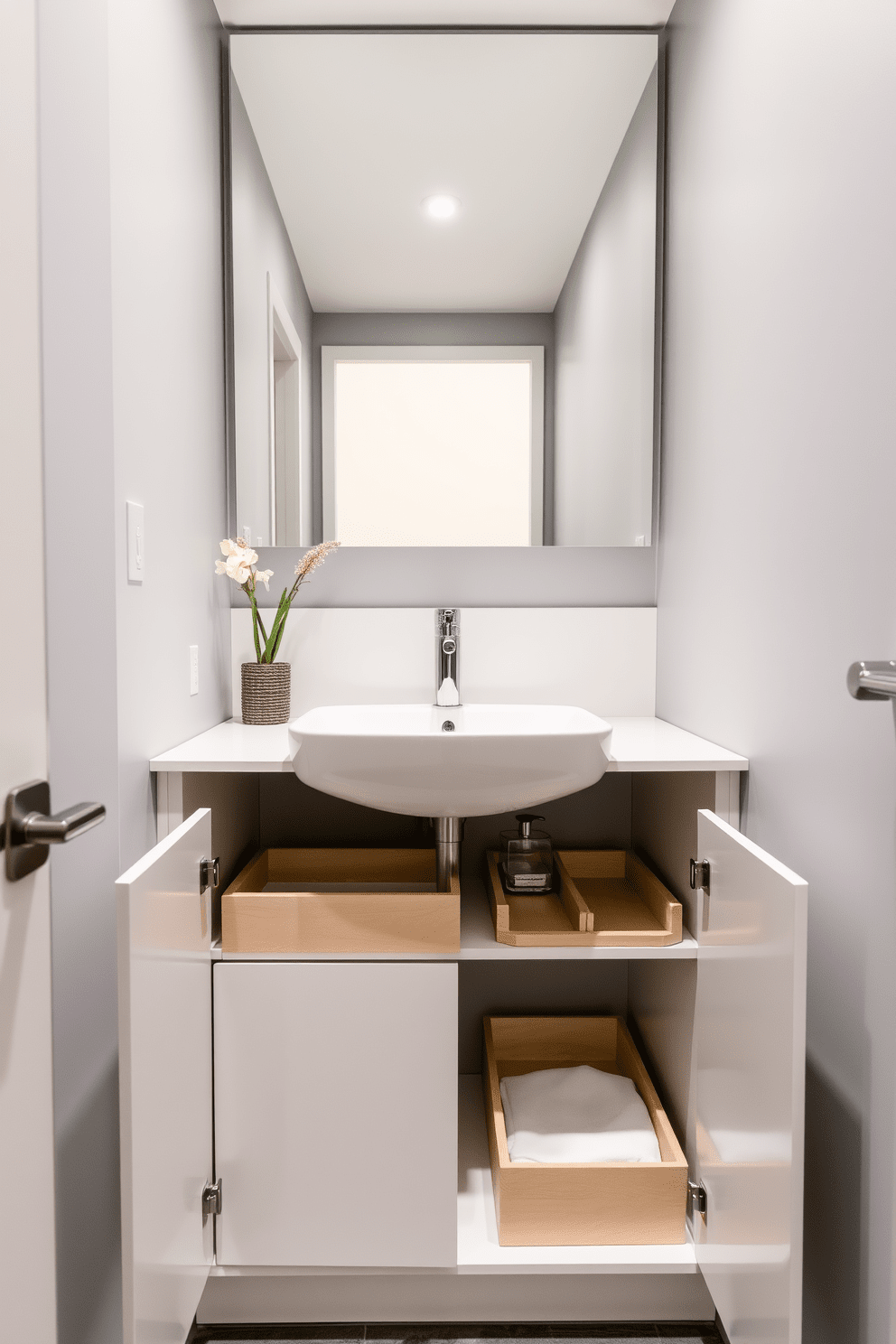 A modern bathroom design featuring smart storage solutions beneath the sink. The cabinetry is sleek and minimalistic, with pull-out drawers and compartments that maximize space efficiency. The walls are adorned in a soft gray hue, creating a calming atmosphere. Above the sink, a large mirror reflects the natural light, enhancing the open feel of the 5x5 layout.