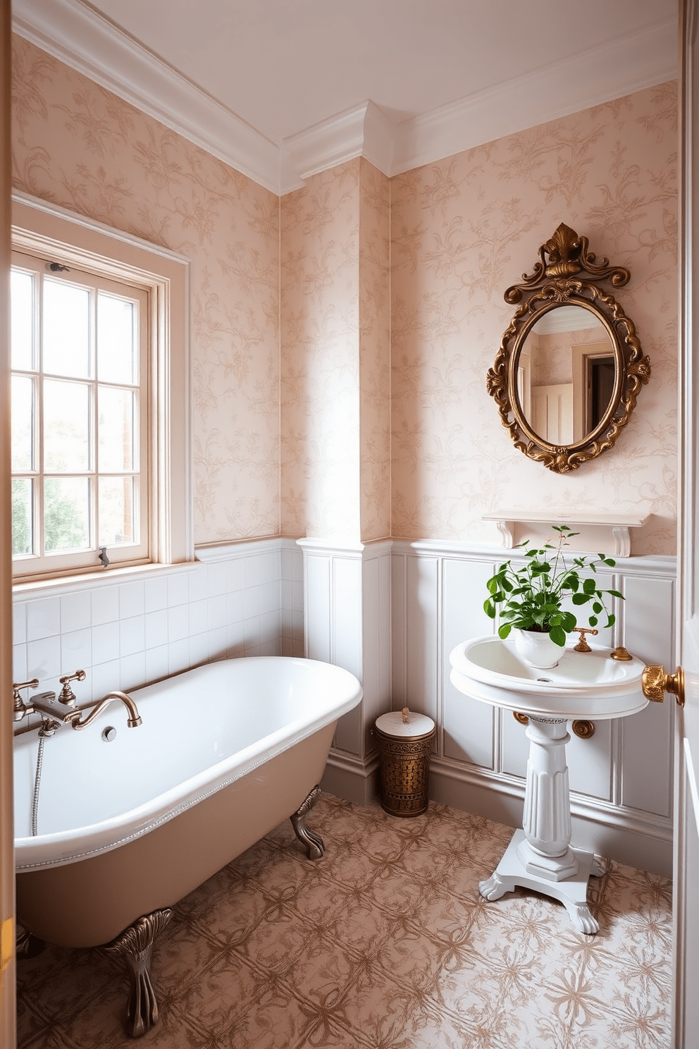 A vintage-inspired bathroom features elegant fixtures that evoke classic charm. The space includes a clawfoot bathtub with a polished chrome faucet and a pedestal sink with intricate detailing. The walls are adorned with soft pastel wallpaper, complemented by antique brass accents. A large window allows natural light to fill the room, highlighting the intricate tile work on the floor. A vintage mirror with a decorative frame hangs above the sink, adding character to the design. Fresh greenery in a ceramic pot brings a touch of nature to the classic aesthetic.