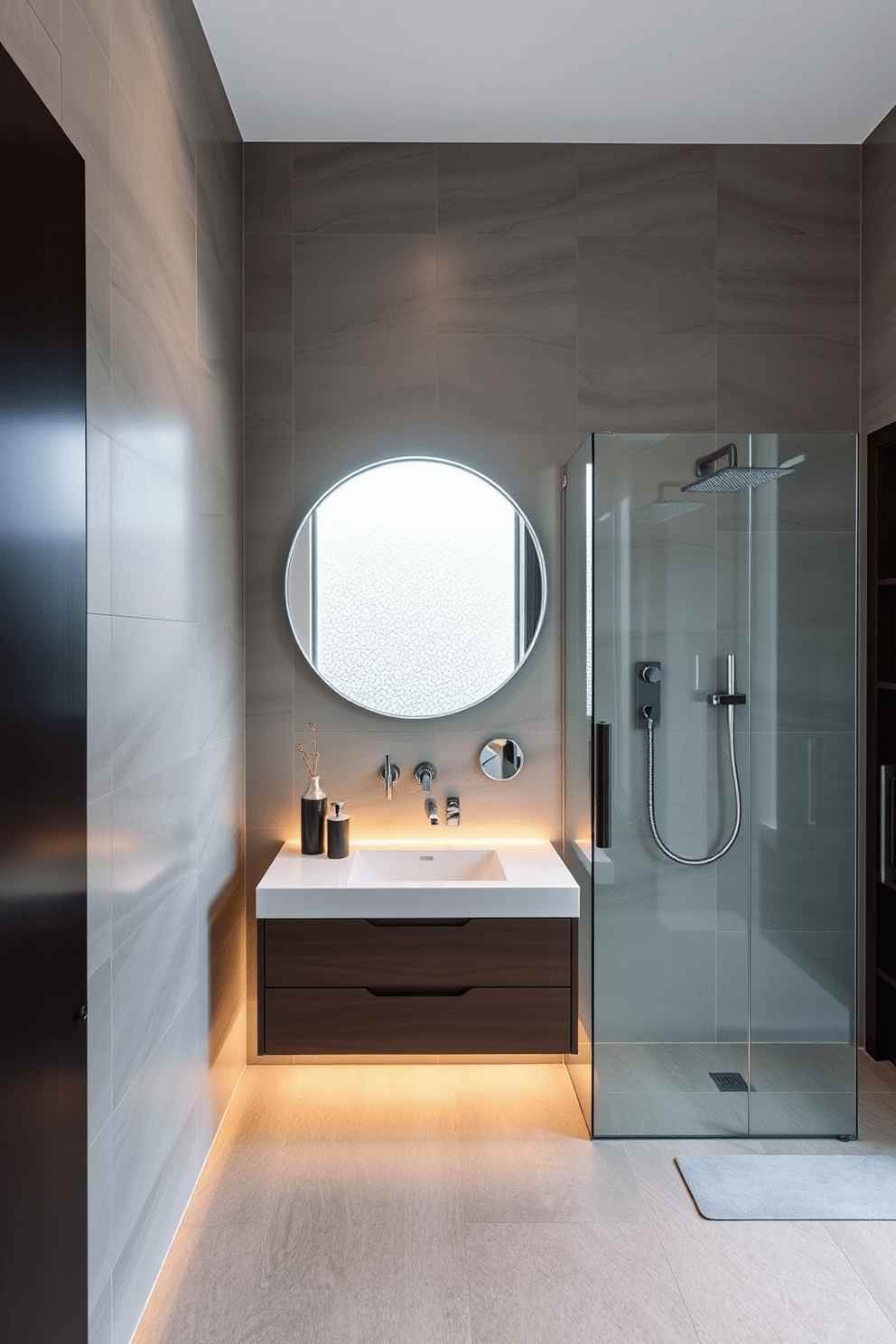 A modern bathroom featuring a sleek floating vanity with underlighting that creates a warm glow. The walls are adorned with large format tiles in a soft gray tone, and the floor is covered with a textured stone finish. A spacious walk-in shower is enclosed with clear glass, showcasing a rain showerhead and elegant fixtures. A large round mirror above the vanity reflects natural light from a frosted window, enhancing the overall ambiance.