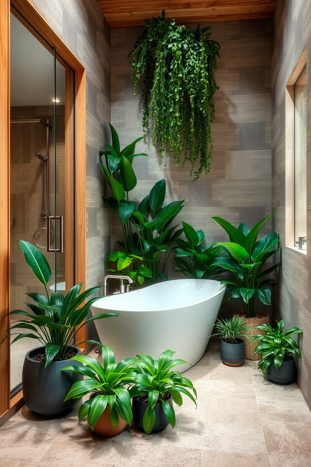 A serene bathroom oasis featuring a variety of lush green plants strategically placed around the room. The design includes a spacious shower area with glass doors, complemented by natural wood accents and soft, ambient lighting. A freestanding bathtub sits elegantly in the corner, surrounded by potted plants that create a calming atmosphere. The walls are adorned with textured tiles in earthy tones, enhancing the connection to nature while providing a modern touch.