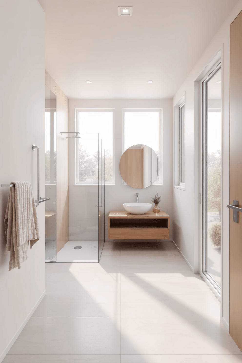 A bright and airy 5x5 bathroom design featuring large windows that allow natural light to flood the space. The walls are painted in a soft white hue, complemented by light wood accents for a warm and inviting atmosphere. The floor is adorned with light-colored tiles that create a sense of openness. A sleek glass shower enclosure is situated in one corner, while a modern floating vanity with a vessel sink enhances the contemporary feel.