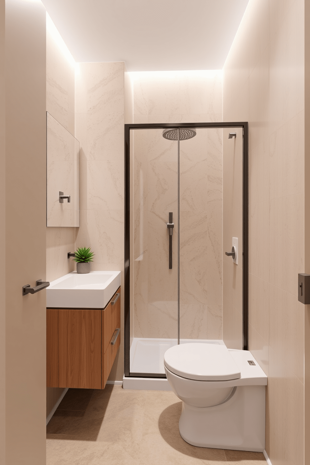 A modern 5x5 bathroom design featuring water-saving fixtures that promote eco-friendliness. The layout includes a compact vanity with a sleek sink and a low-flow faucet, paired with a space-saving shower that utilizes a water-efficient showerhead. The walls are adorned with light, natural materials that enhance the room's sustainability, while the flooring consists of recycled tiles. A small potted plant adds a touch of greenery, contributing to the eco-friendly atmosphere of the space.