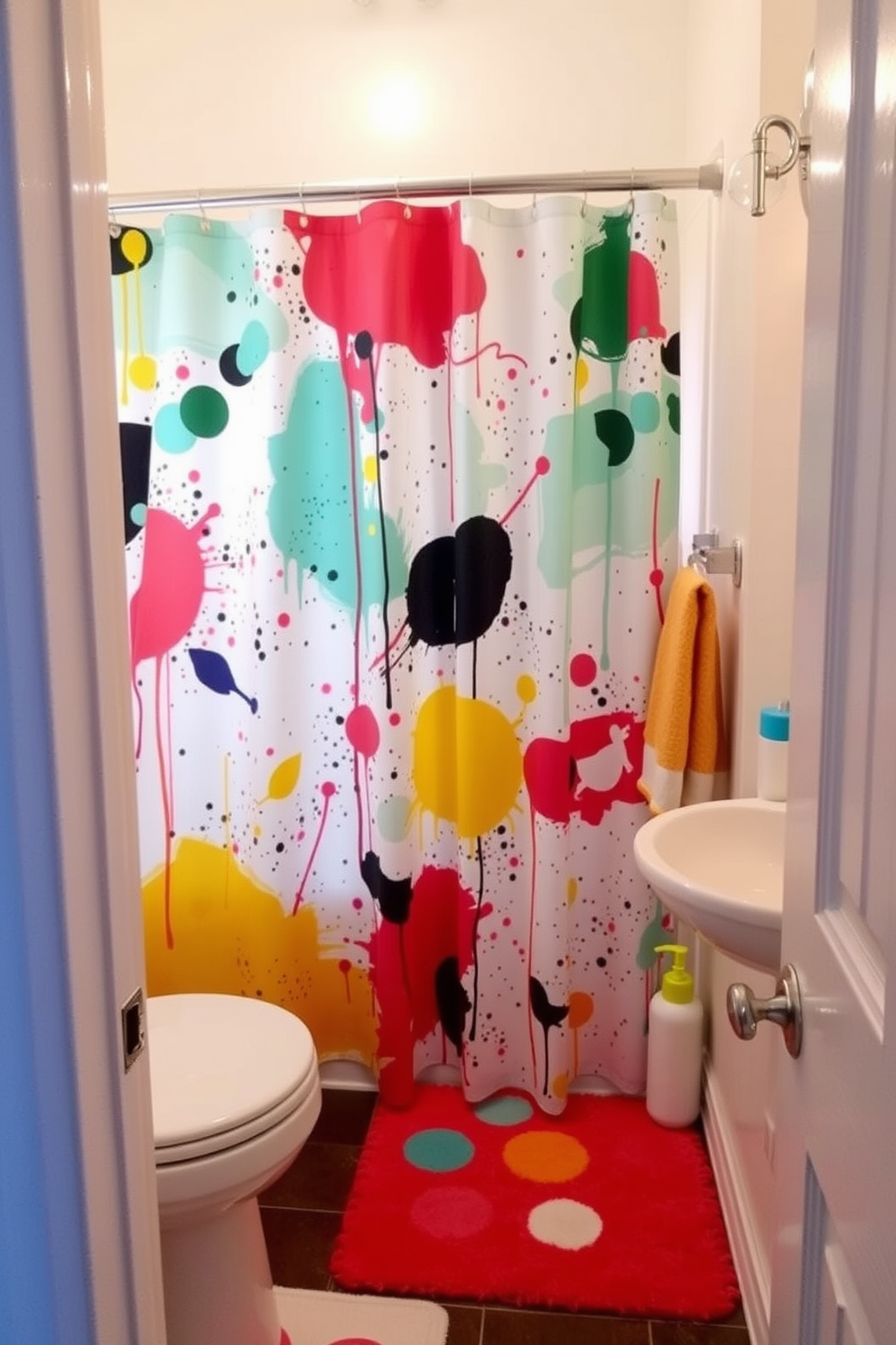 Create an artistic shower curtain that reflects a vibrant personality in a 5x5 bathroom space. The curtain features a bold abstract pattern with splashes of color, enhancing the overall design aesthetic of the small bathroom. Incorporate playful accessories such as a whimsical bath mat and colorful toiletries to complement the shower curtain. Use lighting fixtures that add warmth and brightness, creating an inviting atmosphere in this compact area.