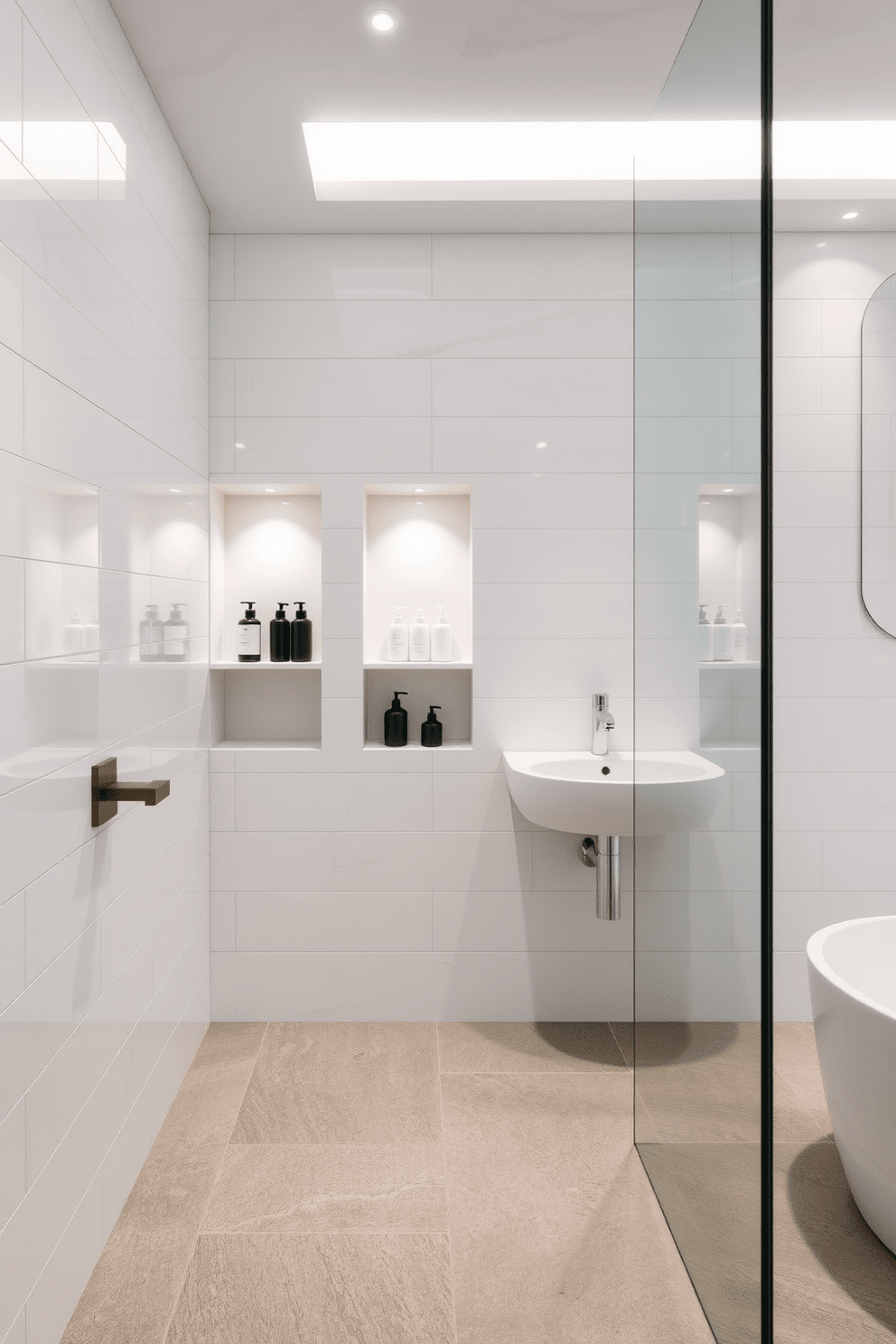 A modern bathroom design featuring built-in niches for shampoo and soap. The walls are tiled with large format white tiles, and the floor showcases a sleek gray stone finish. The niches are seamlessly integrated into the wall, offering a clean and organized look. Soft ambient lighting highlights the textures of the tiles and the elegant fixtures throughout the space.