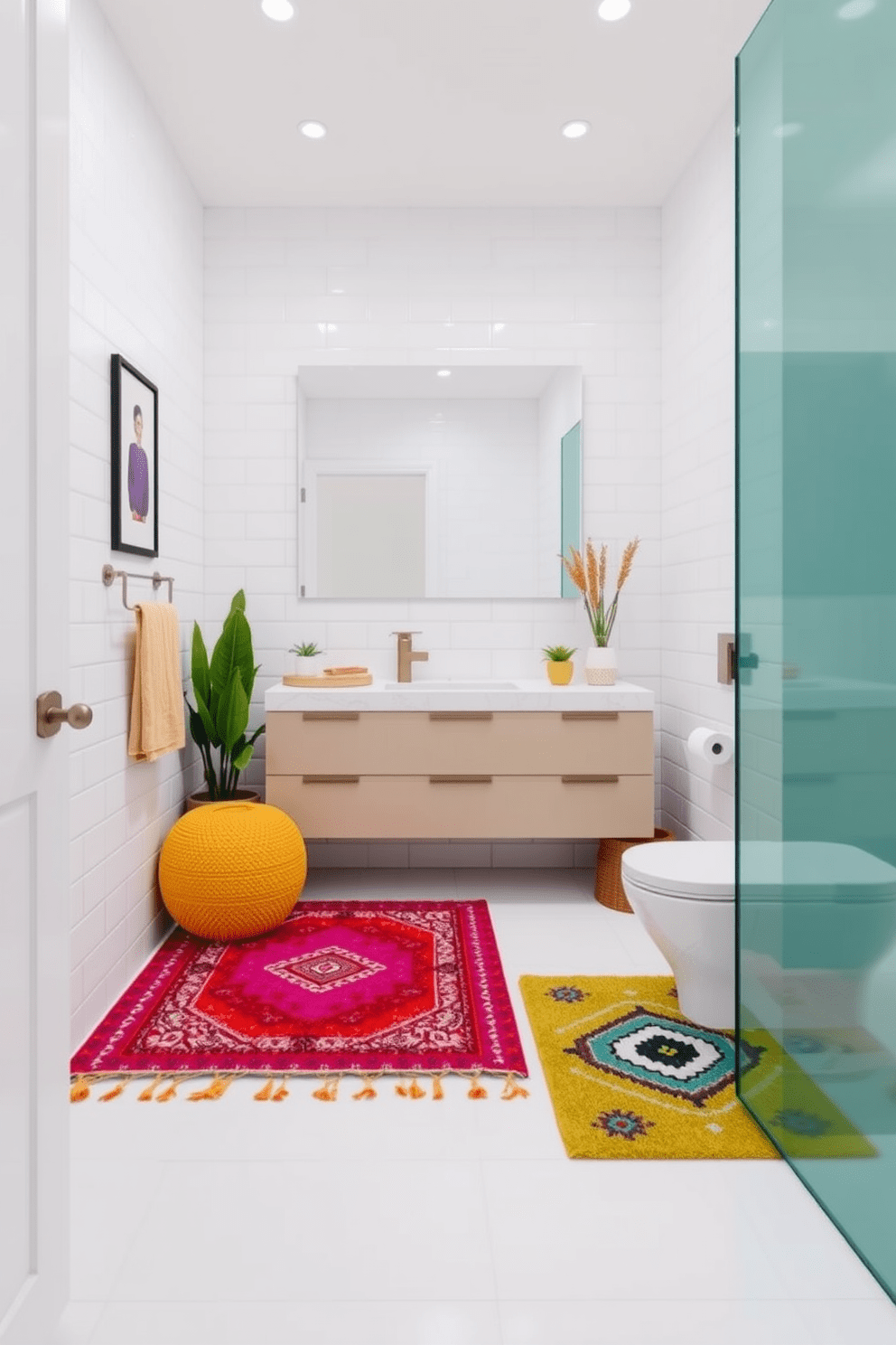 A vibrant 5x5 bathroom design featuring colorful rugs that bring warmth and personality to the space. The walls are adorned with soft white tiles, and the floor is complemented by a bright, patterned rug that serves as a focal point. Incorporate a sleek, modern vanity with a large mirror that enhances the room's brightness. Decorative elements like potted plants and artwork add character and charm to this inviting bathroom.