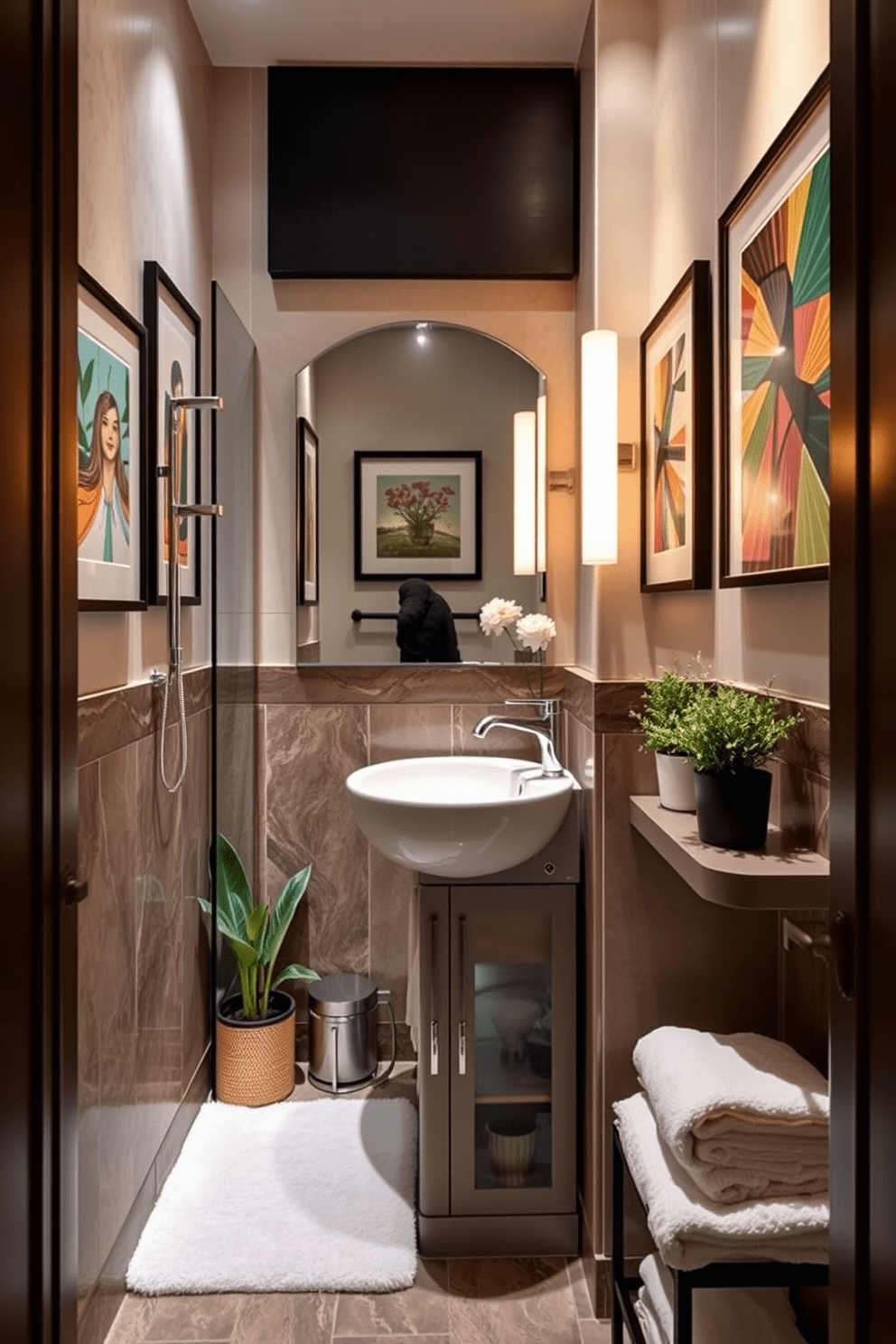 A stylish bathroom featuring a 5x5 layout with framed artwork adding a personal touch to the decor. The walls are adorned with vibrant prints that complement the sleek fixtures and soft lighting, creating an inviting atmosphere. The design includes a compact yet functional vanity with a polished sink and ample storage. Decorative elements such as potted plants and plush towels enhance the overall aesthetic, making the space feel both luxurious and cozy.