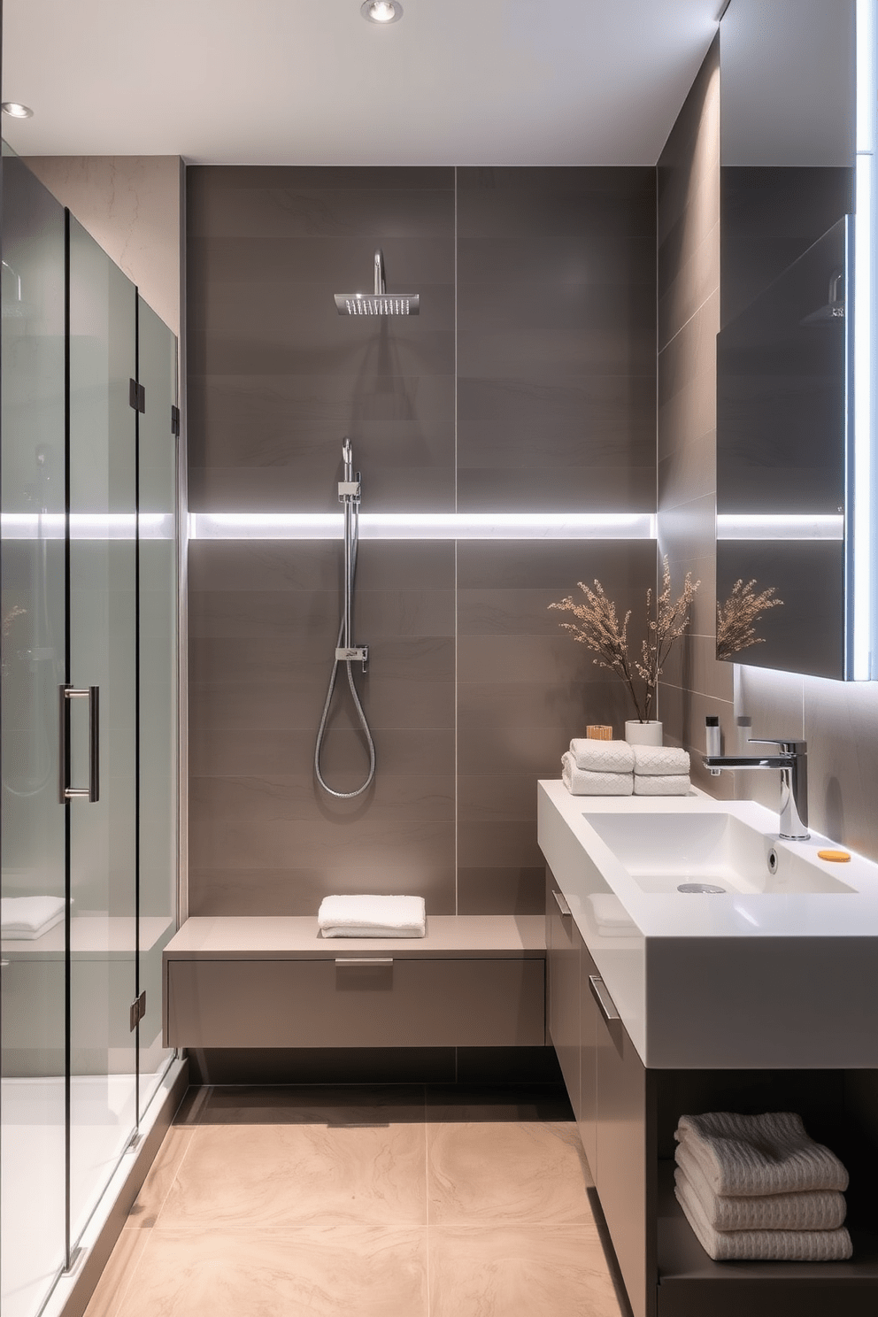 A modern bathroom featuring an adjustable showerhead mounted on a sleek tiled wall. The space includes a minimalist design with a floating vanity and ample storage, complemented by soft ambient lighting. The floor is adorned with large format tiles in a neutral tone, creating a seamless look. A glass shower enclosure allows for an open feel, while plush towels and decorative elements add warmth to the space.