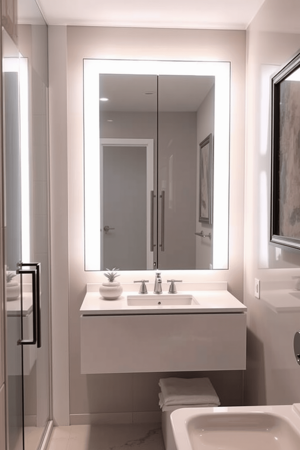 A chic bathroom features a mirrored cabinet that elegantly combines storage and style. The cabinet reflects light beautifully, enhancing the overall brightness of the space. The design includes a spacious layout with a modern 5x5 footprint. Sleek fixtures and complementary accessories create a cohesive and inviting atmosphere.