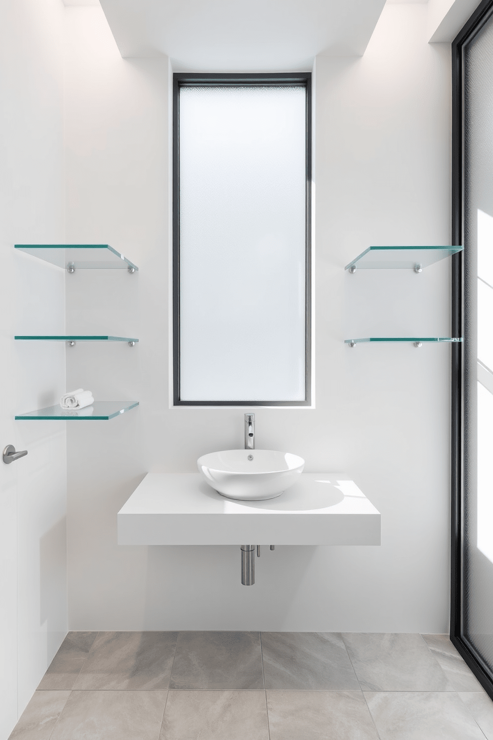 A modern 5x5 bathroom featuring sleek glass shelves that create an airy and open atmosphere. The walls are painted in a soft white, and the floor is adorned with light gray tiles for a clean and contemporary feel. In the center, a minimalist floating vanity holds a stylish vessel sink, complemented by a brushed nickel faucet. Natural light floods the space through a frosted glass window, enhancing the serene ambiance.