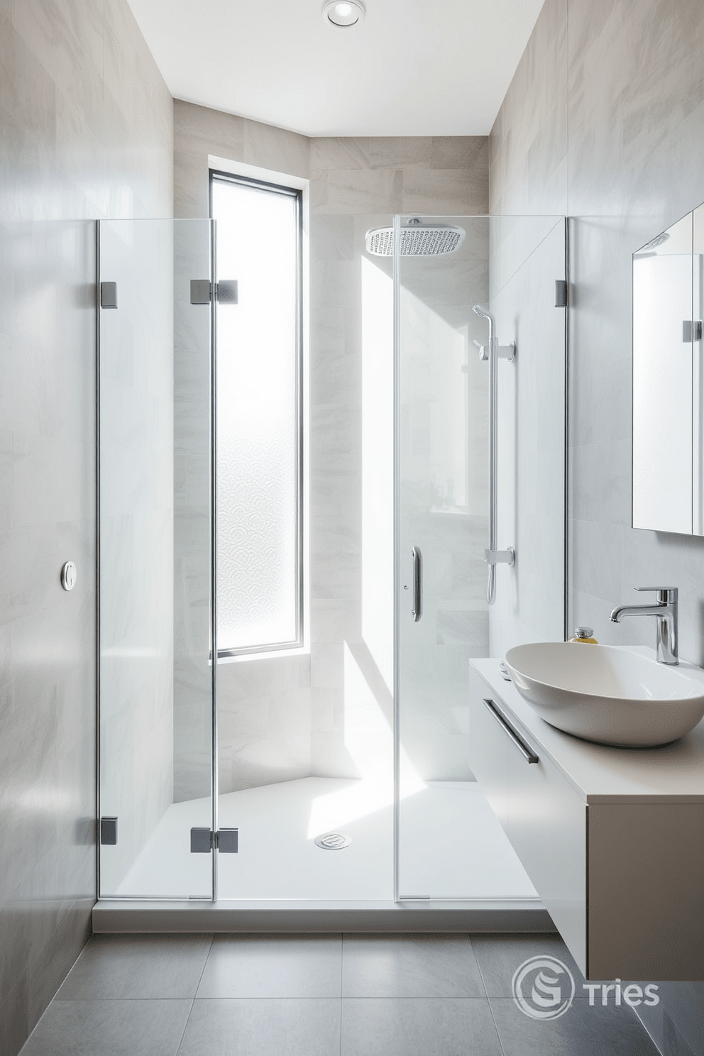 A modern bathroom design featuring a corner shower to maximize floor area. The shower is enclosed with clear glass panels and has sleek chrome fixtures, creating an open and airy feel. The walls are adorned with large format tiles in a soft gray tone, complemented by a minimalist floating vanity with a white sink. Natural light floods the space through a frosted window, enhancing the serene atmosphere.