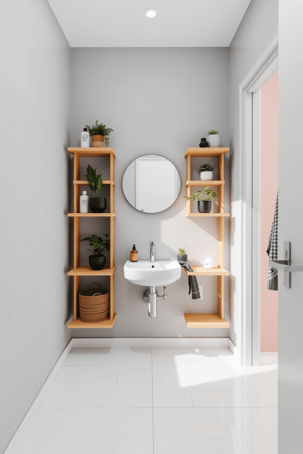 A modern 5x5 bathroom featuring open shelving for easy access to toiletries and decorative items. The walls are painted in a soft gray, and the floor is adorned with sleek white tiles that enhance the spacious feel. The open shelves are made of natural wood, providing a warm contrast to the cool tones of the bathroom. A round mirror hangs above a compact sink, reflecting the stylish arrangement of plants and accessories on the shelves.