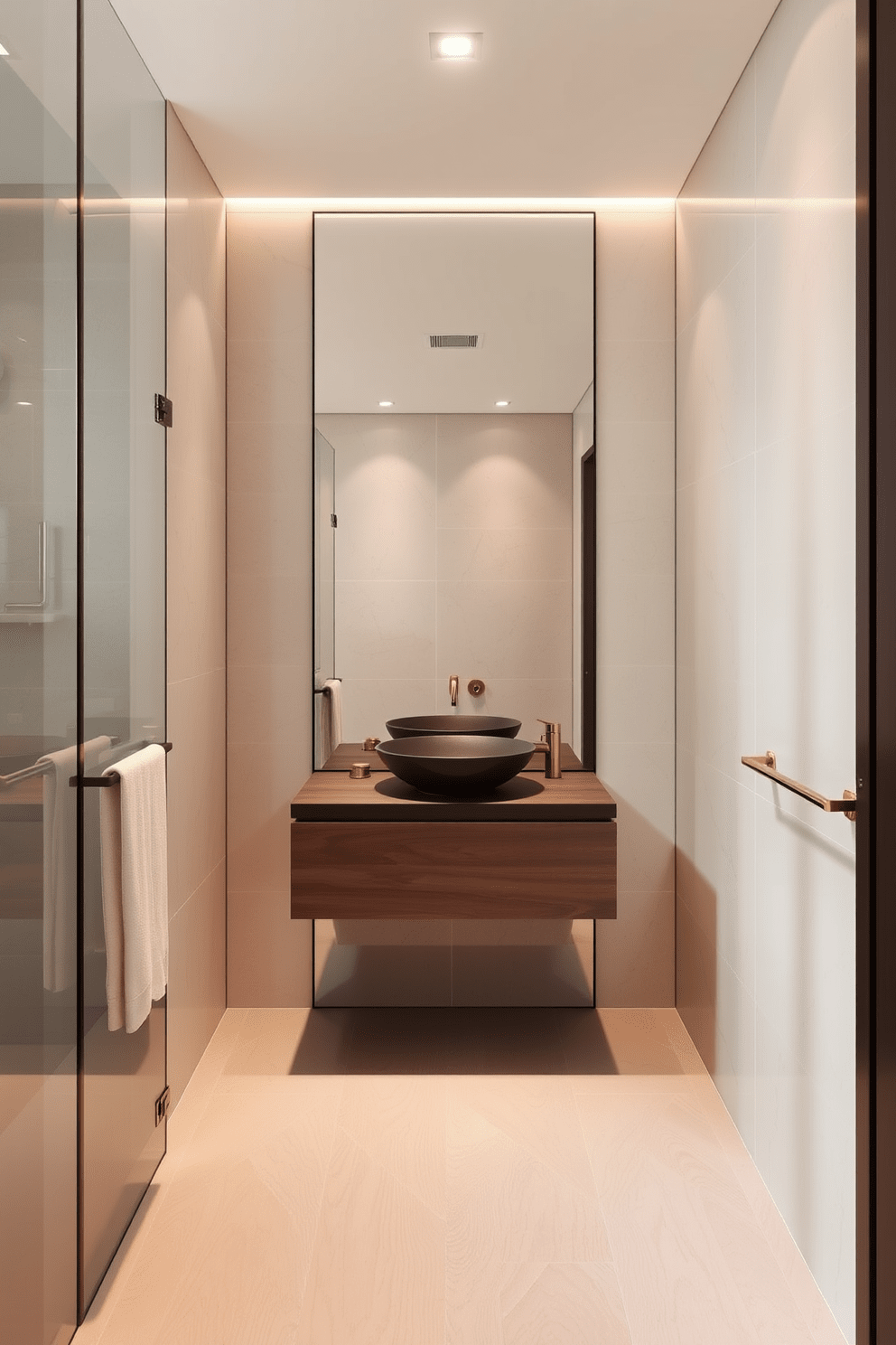 A spacious 5x5 bathroom featuring a large, frameless mirror that enhances the sense of openness. The walls are adorned with soft, neutral tiles, and the floor showcases a subtle geometric pattern for added interest. In the center, a sleek floating vanity holds a modern vessel sink, complemented by stylish brass fixtures. Soft ambient lighting illuminates the space, creating a warm and inviting atmosphere.