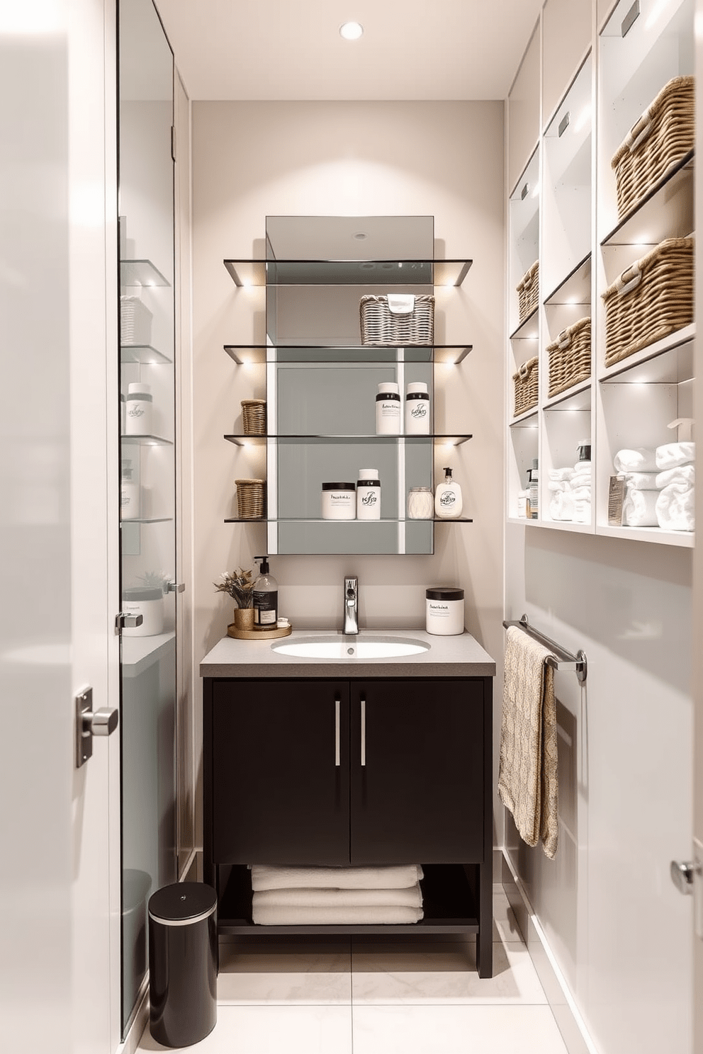 Create a stylish and functional 5x5 bathroom featuring vertical storage solutions for toiletries. The walls are adorned with sleek shelving units that maximize space while displaying neatly organized baskets and jars for easy access. Incorporate a compact vanity with a modern sink that complements the vertical storage design. Use a light color palette to enhance the sense of space, with soft lighting that highlights the storage areas.