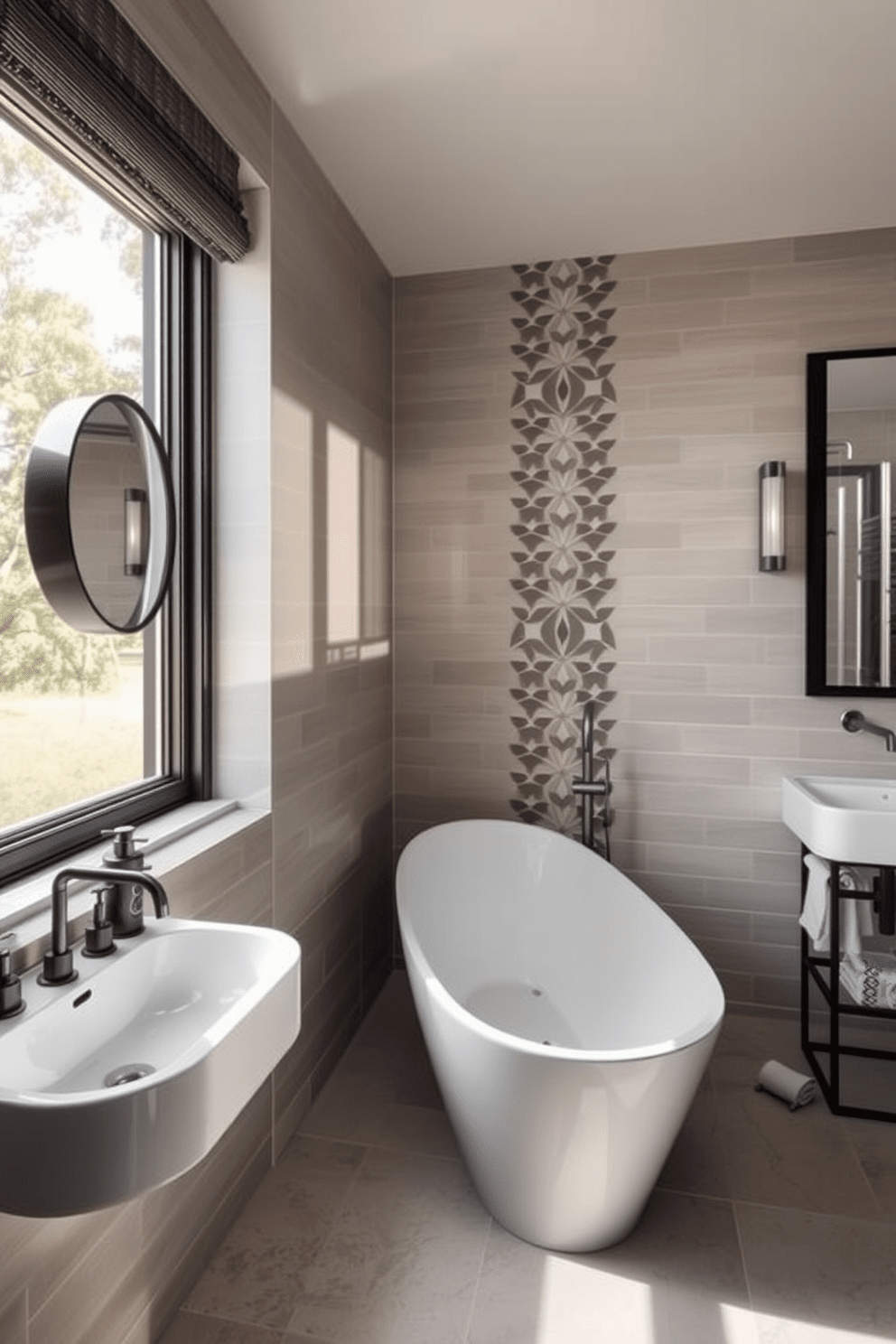 A stylish bathroom featuring eye-catching wall tiles that add visual interest. The tiles are arranged in a unique pattern, creating a focal point that enhances the overall aesthetic of the space. The bathroom includes a modern freestanding tub positioned against the tiled wall. Natural light floods in through a large window, illuminating the sleek fixtures and elegant decor.