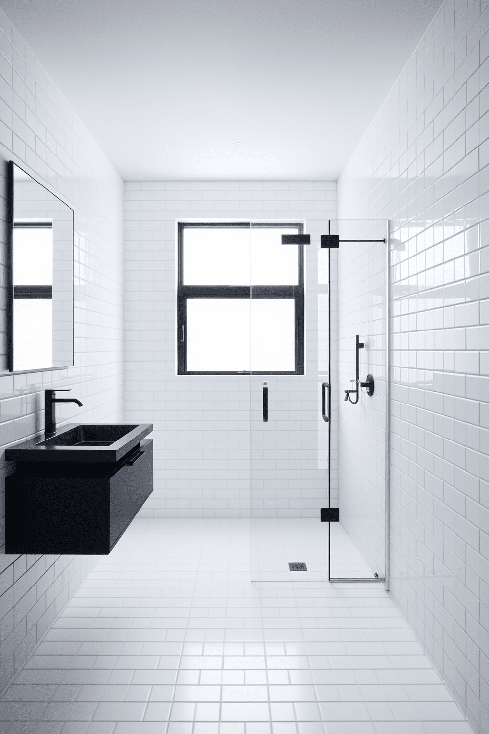 A serene bathroom space featuring minimalist white tiles that cover the walls and floor, creating a clean and airy atmosphere. Dark accents are incorporated through a sleek black vanity and fixtures, providing a striking contrast against the bright tiles. The design includes a frameless glass shower enclosure that enhances the openness of the room. Natural light floods in through a frosted window, illuminating the space while maintaining privacy.