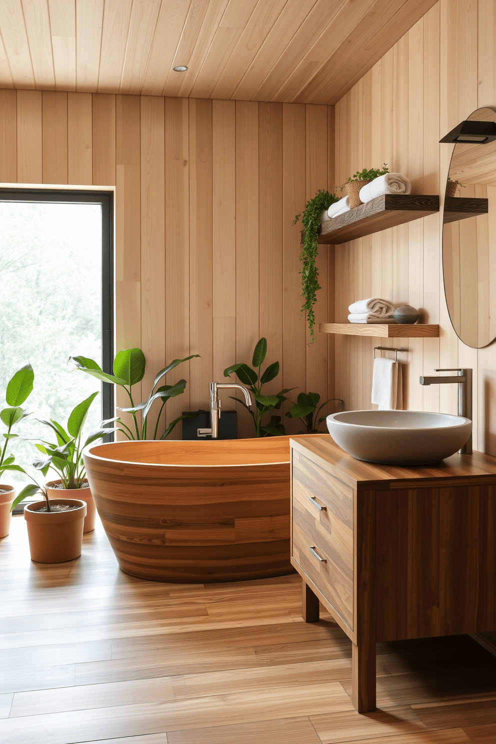 A serene bathroom space featuring natural wood elements that evoke warmth and comfort. The design includes a freestanding wooden bathtub surrounded by potted plants, with a large window allowing natural light to flood the room. The walls are adorned with light wood paneling, complemented by a rustic wooden shelf holding neatly rolled towels. A sleek wooden vanity with a stone sink sits opposite the bathtub, enhancing the organic feel of the space.