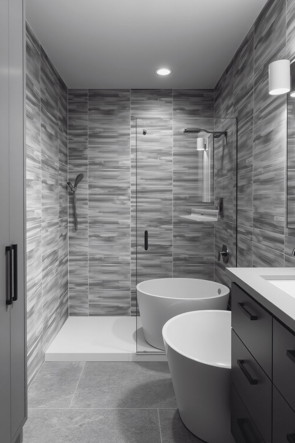 A serene bathroom space featuring a monochromatic color palette in varying shades of gray. The walls are adorned with textured gray tiles, complemented by sleek gray cabinetry and a minimalist gray countertop. A spacious shower area showcases a frameless glass enclosure with a rain showerhead, while a freestanding soaking tub adds a touch of luxury. Soft lighting fixtures illuminate the room, creating a calming ambiance that enhances the simplicity of the design.