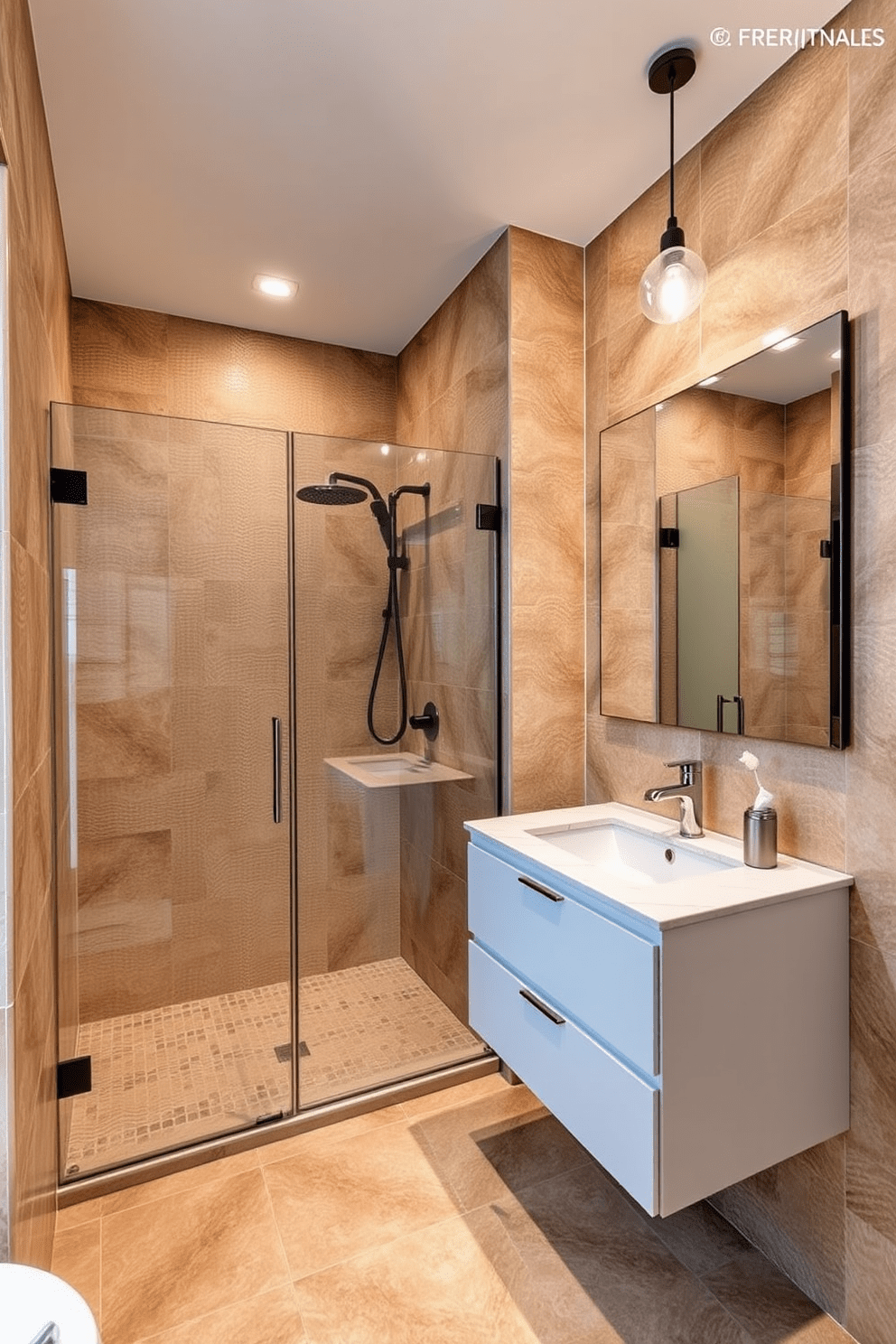 A modern 5x7 bathroom featuring textured tiles that create visual interest on the walls and floor. The space includes a sleek white vanity with a quartz countertop and a large frameless mirror that reflects the unique tile patterns. Incorporate a walk-in shower with glass doors showcasing the textured tiles, complemented by a rainfall showerhead. Soft lighting fixtures illuminate the space, enhancing the warm tones of the tiles and creating a serene atmosphere.