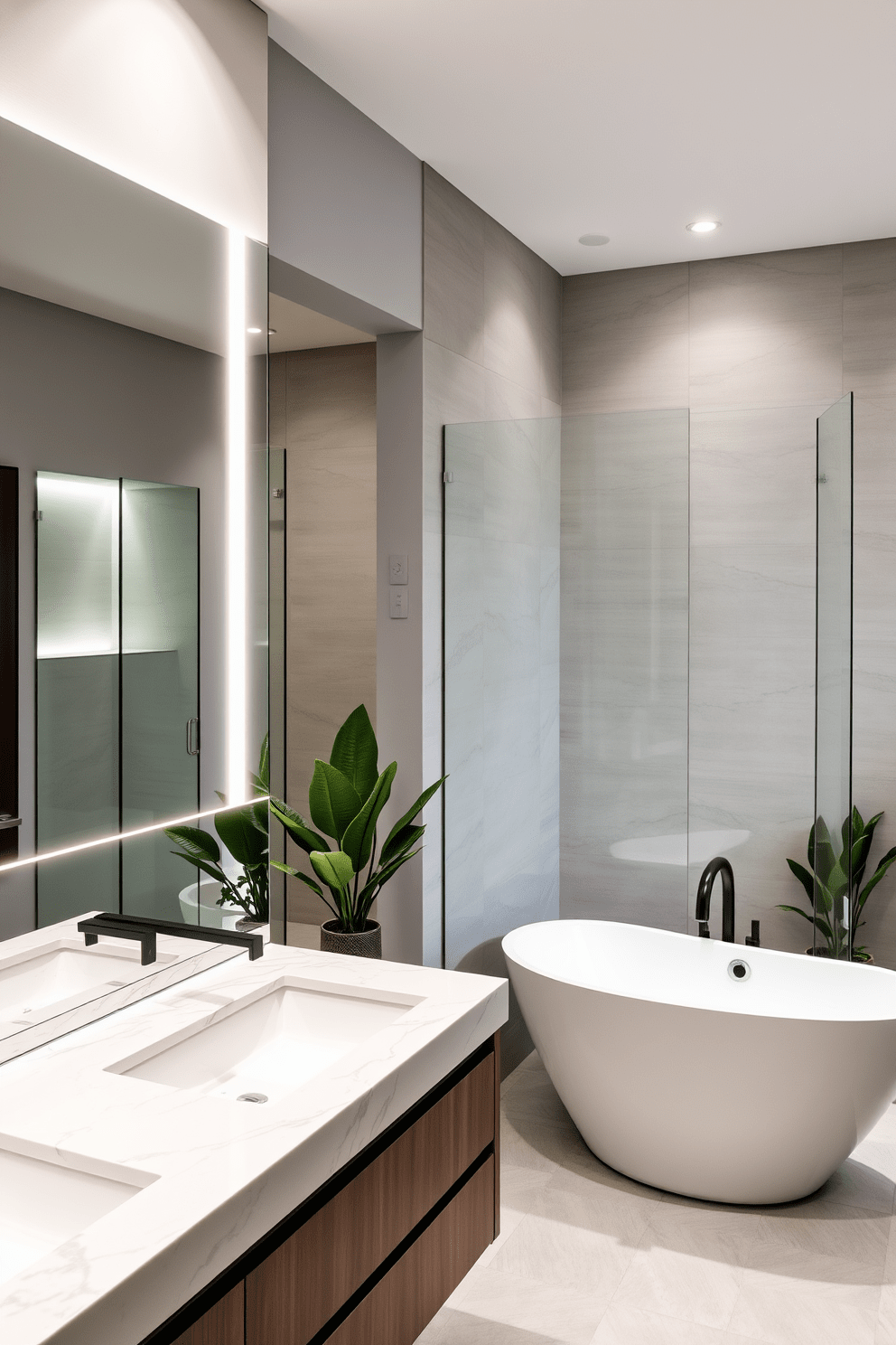 A modern bathroom design featuring integrated lighting in the mirror. The space includes a sleek double vanity with a quartz countertop and stylish faucets, complemented by a spacious walk-in shower with glass doors. The walls are adorned with large format tiles in a soft gray tone, creating a serene atmosphere. A freestanding soaking tub sits elegantly in the corner, surrounded by potted greenery to enhance the tranquil vibe.