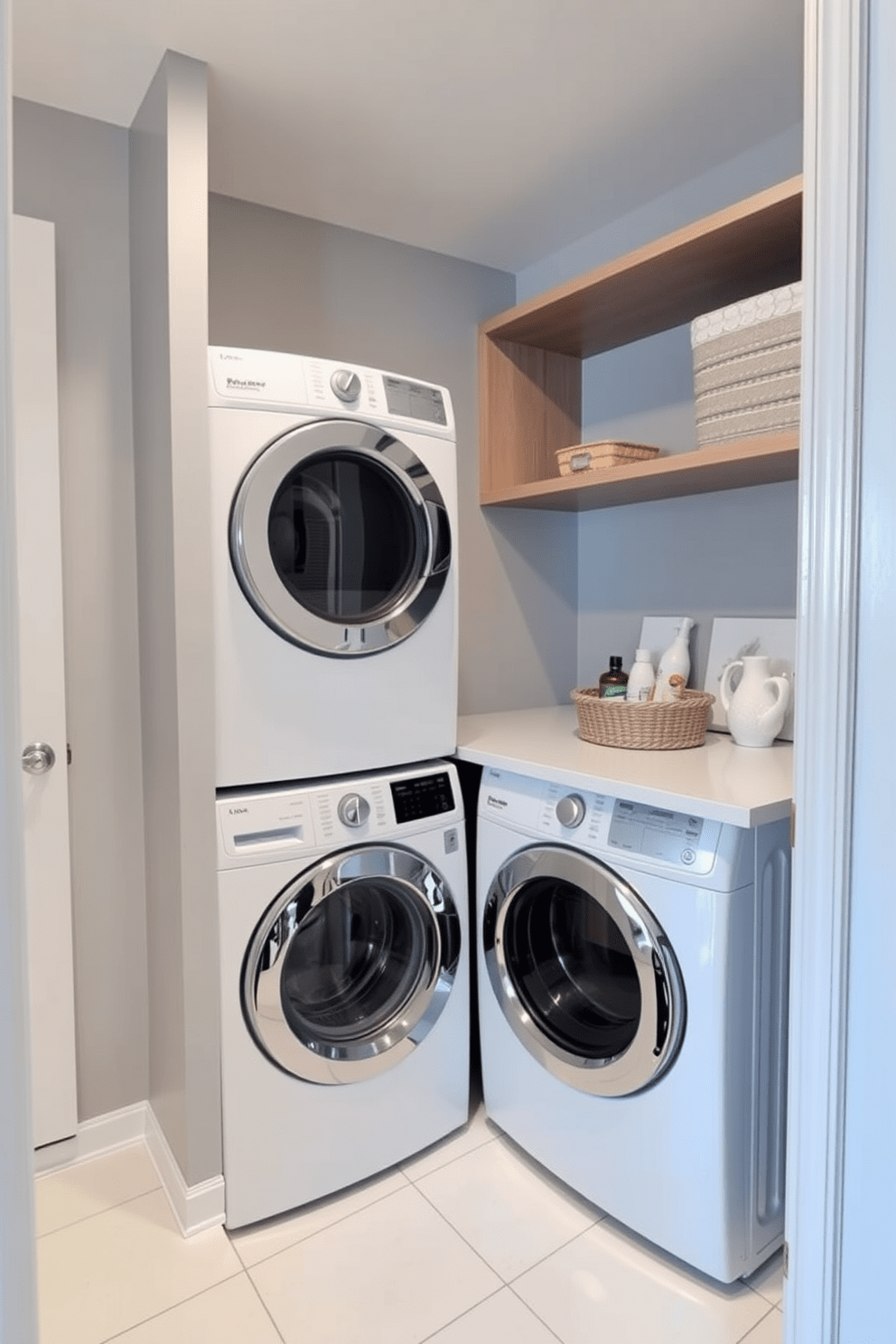 A compact laundry area featuring stacked appliances is designed for efficiency and style. The walls are painted in a light gray tone, and the floor is covered with sleek white tiles. In the corner, a small countertop provides space for folding clothes, complemented by open shelving above for storage. A decorative basket holds laundry supplies, adding a touch of warmth to the functional space.