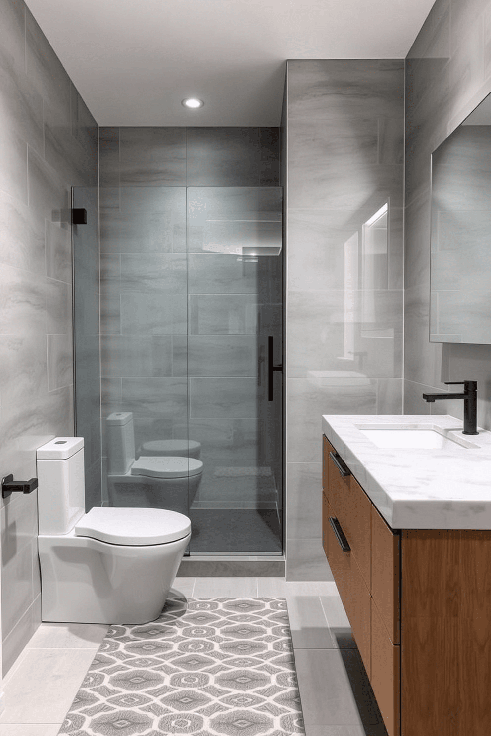 A modern bathroom design featuring a dual flush toilet for water efficiency. The space includes a sleek shower with glass doors, complemented by a floating vanity with a quartz countertop. The walls are adorned with large format tiles in a soft gray hue, creating a calming atmosphere. A stylish rug in a geometric pattern lies beneath the vanity, adding warmth to the design.