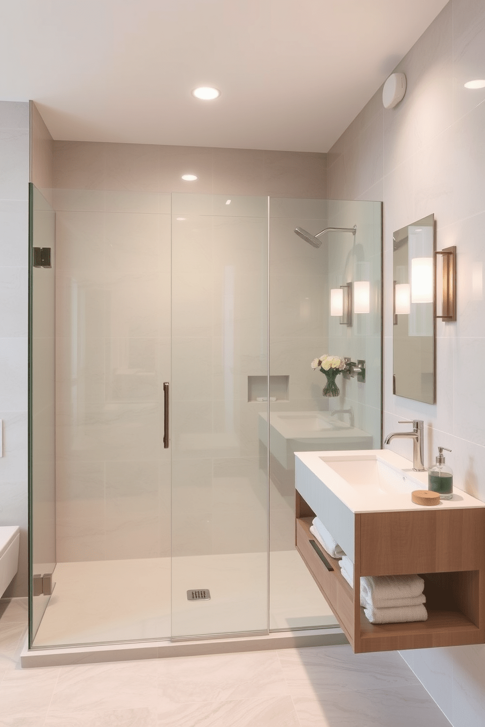 A frameless glass shower door creates an open and airy feel in the bathroom. The space features sleek tiles in soft neutral tones, complemented by elegant fixtures and modern lighting. The layout is designed to maximize functionality while maintaining a stylish aesthetic. A floating vanity with integrated storage adds to the contemporary look, making the room both practical and visually appealing.