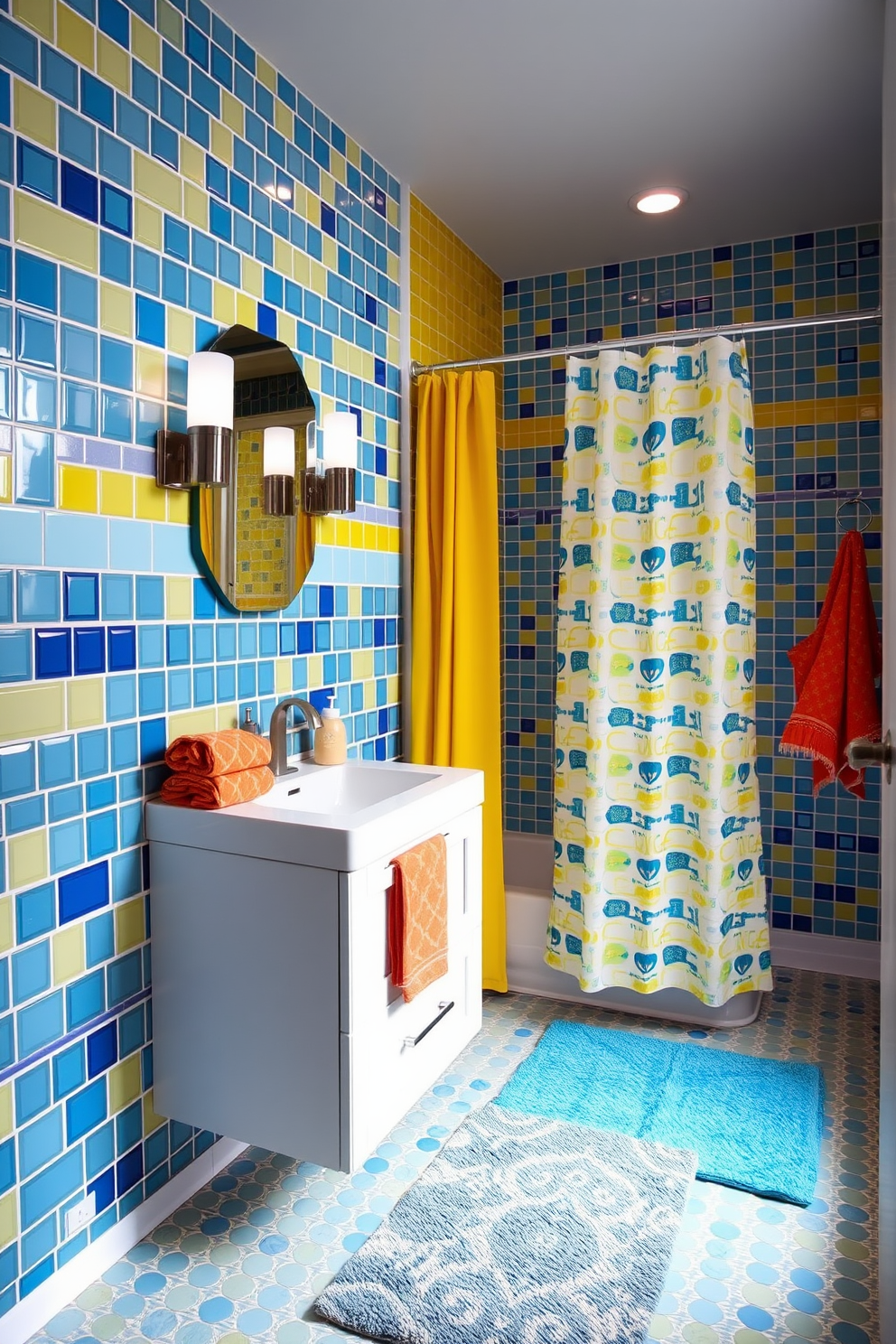 A vibrant 5x7 bathroom design featuring colorful accents that enhance the overall ambiance. The walls are adorned with cheerful tiles in shades of blue and yellow, while a playful shower curtain adds a pop of color. A stylish floating vanity in a crisp white finish contrasts beautifully with the colorful elements. Decorative accessories like bright towels and a funky rug complete the lively atmosphere, making the space feel inviting and fun.