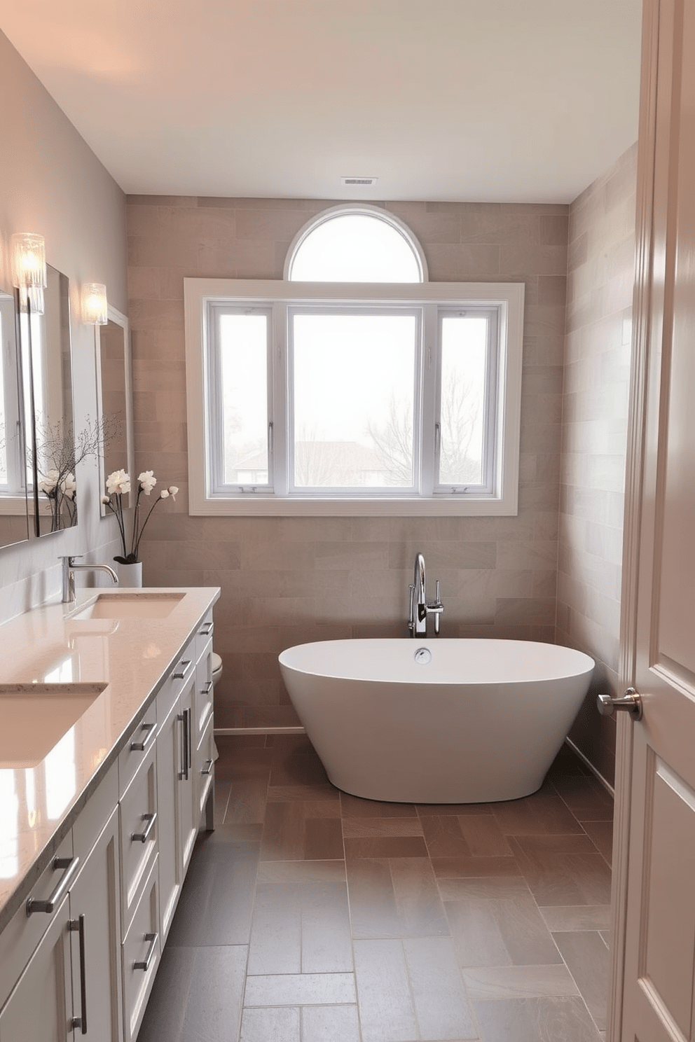 A luxurious 5x7 bathroom featuring heated floors for added comfort. The space includes a sleek freestanding bathtub positioned beneath a large window, allowing natural light to flood the room. To the left, a modern double vanity with a quartz countertop and stylish fixtures complements the elegant design. Soft, ambient lighting illuminates the space, highlighting the neutral color palette and textured wall tiles.