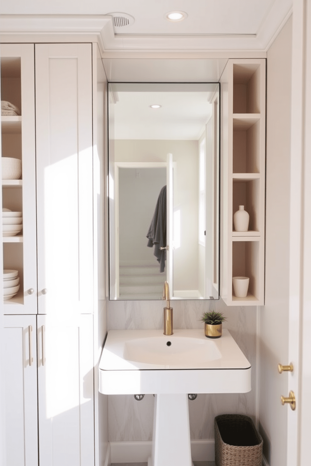 Custom built-ins for personalized storage create a seamless and functional bathroom environment. The cabinetry features a combination of open shelving and closed storage, allowing for both display and organization. In this 5x7 bathroom design, soft neutral tones dominate the color palette, enhancing the sense of space. A large, frameless mirror above the sink reflects natural light, making the area feel brighter and more inviting.