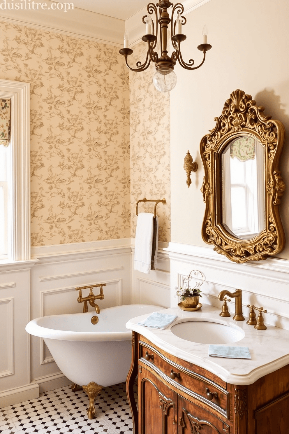 A vintage-inspired bathroom featuring elegant fixtures that exude classic charm. The design includes a freestanding clawfoot tub with a polished brass faucet and a vintage chandelier hanging above it. The walls are adorned with intricate wainscoting painted in soft cream, complemented by a patterned wallpaper with floral motifs. A rustic wooden vanity with a marble top holds an antique mirror framed in ornate gold, adding a touch of sophistication.