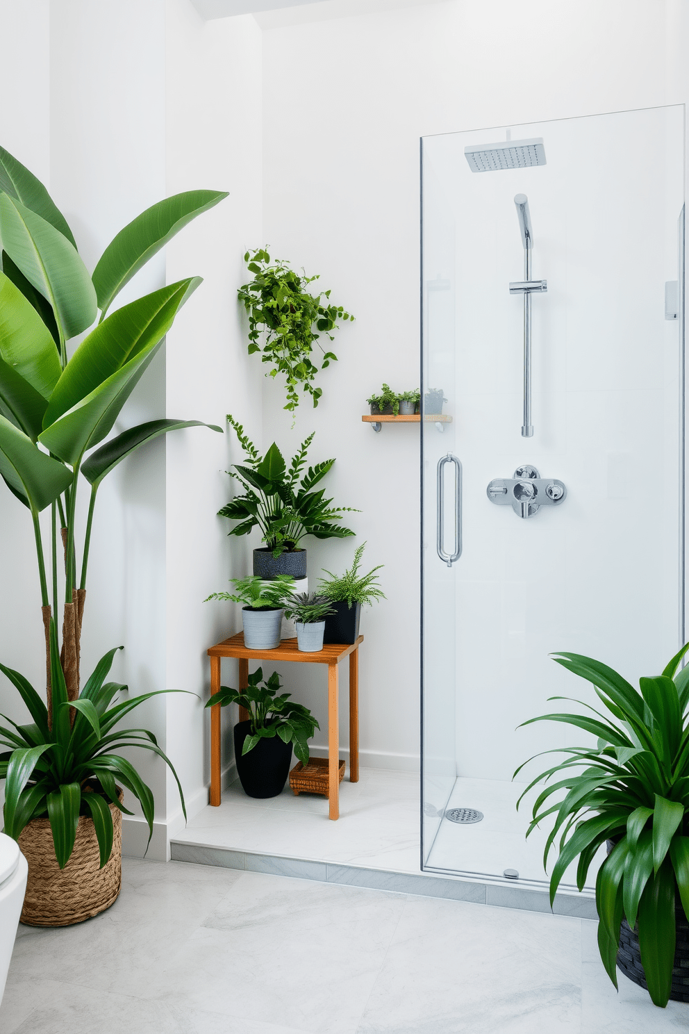 A serene bathroom setting featuring lush greenery with potted plants placed strategically around the space. The walls are painted in a soft white hue, creating a bright and airy atmosphere, while the floor is adorned with light gray tiles for a modern touch. A compact wooden shelf holds a variety of plants, including ferns and succulents, adding vibrant splashes of color. The shower area is enclosed with clear glass, showcasing a stylish rainfall showerhead and sleek fixtures, enhancing the overall elegance of the design.