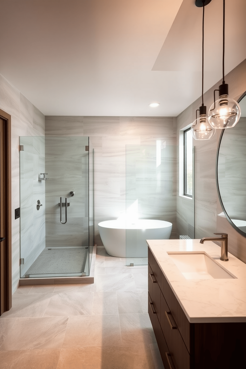 A contemporary bathroom featuring large format tiles that minimize grout lines, creating a sleek and seamless look. The space includes a spacious walk-in shower with a glass enclosure and modern fixtures, complemented by a freestanding soaking tub. The walls are adorned with neutral-colored tiles that reflect natural light, enhancing the overall brightness of the room. A minimalist vanity with a quartz countertop and elegant pendant lighting adds a touch of sophistication to the design.