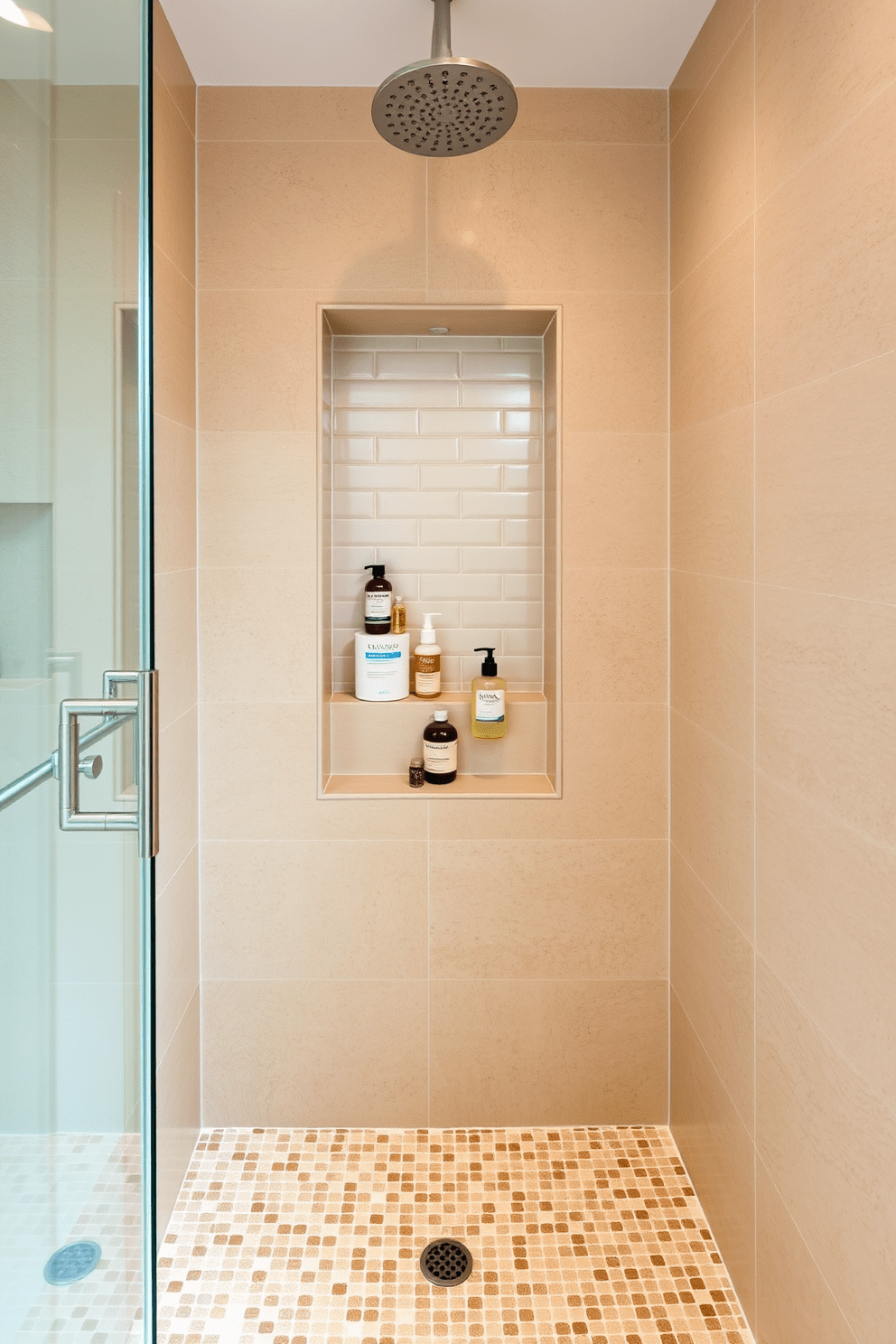 A modern shower niche designed for toiletries organization. The niche features built-in shelves with a sleek tile finish, providing a minimalist and functional space for storing shampoo, conditioner, and body wash. The surrounding walls are adorned with large format tiles in a soft beige tone, creating a warm and inviting atmosphere. The floor showcases a complementary mosaic pattern that adds texture and interest to the overall design.