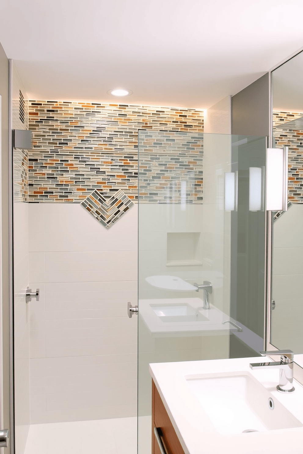 Artistic backsplash adds a unique flair to the bathroom. The design features colorful tiles arranged in a geometric pattern, creating a vibrant focal point. The shower area showcases a frameless glass enclosure with sleek fixtures. Soft lighting enhances the ambiance, while a floating vanity complements the artistic backsplash.