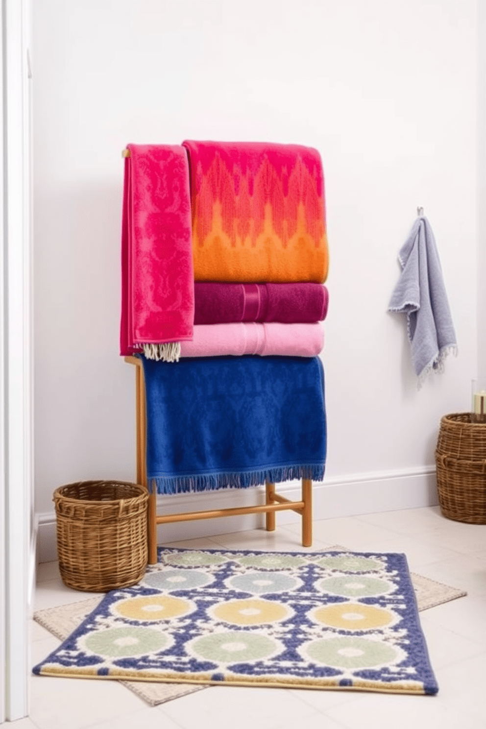 A vibrant bathroom design featuring a collection of brightly colored towels neatly arranged on a wooden towel rack. The walls are painted in a soft white hue, allowing the towels to stand out, while a stylish 5x7 area rug adds warmth to the space.