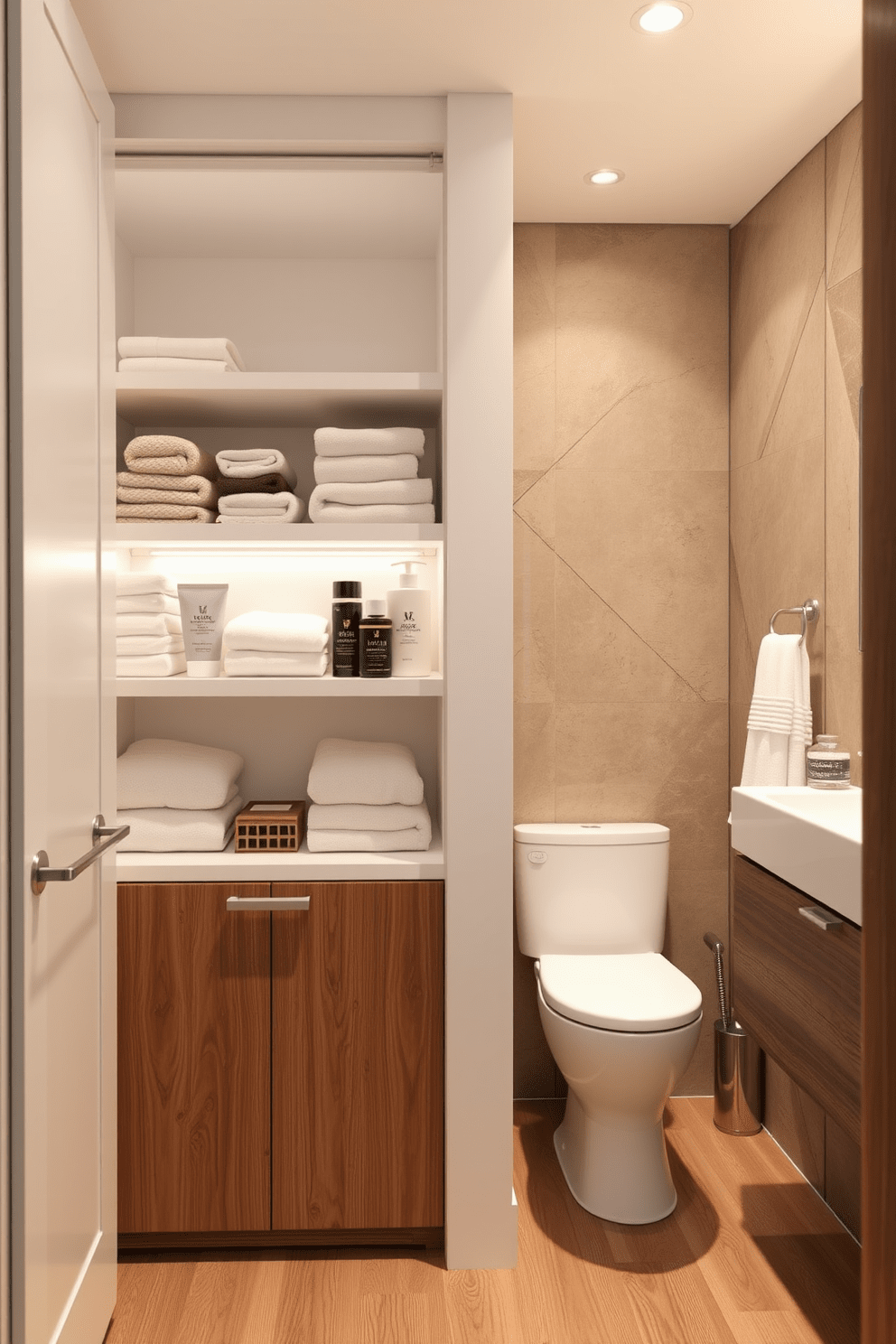 A linen closet designed for organized essentials features built-in shelves filled with neatly folded towels and toiletries. The closet door is a sleek white with a minimalist handle, creating a clean and modern look. In the 5x7 bathroom, a compact layout maximizes space with a corner shower and a floating vanity. Soft lighting illuminates the room, highlighting the natural textures of wood and stone throughout the design.