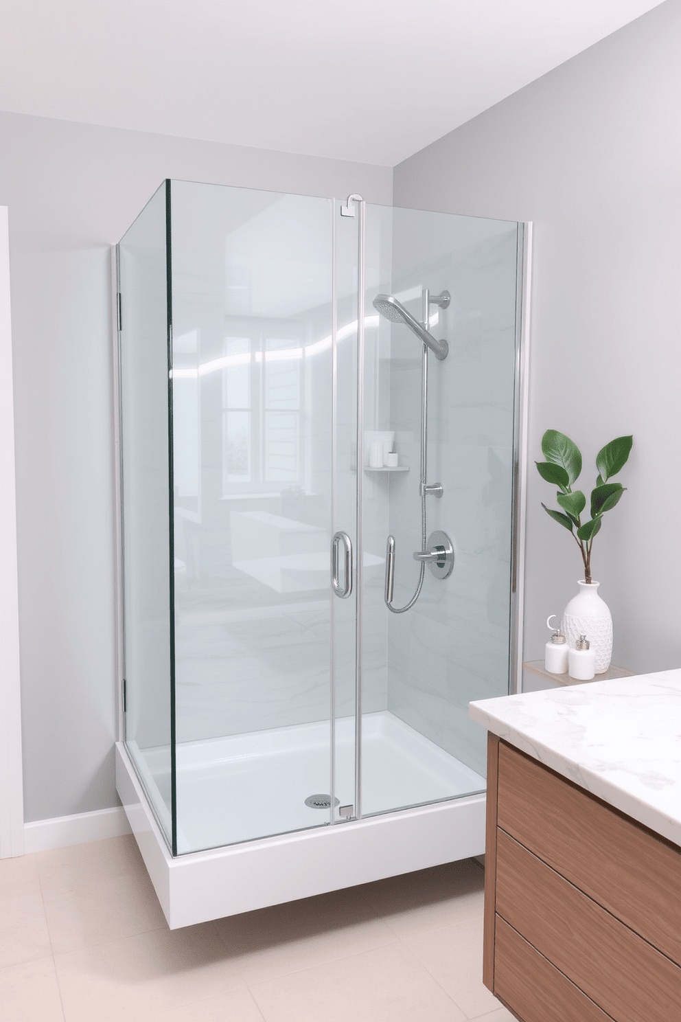 A modern corner shower with a sleek glass enclosure features polished chrome fixtures and a rainfall showerhead. The bathroom is designed with soft gray walls and a light-colored tile floor, creating a serene and spacious atmosphere. A floating vanity with a quartz countertop and under-mount sink complements the contemporary style. Decorative elements include a potted plant and stylish bath accessories arranged neatly on the countertop.