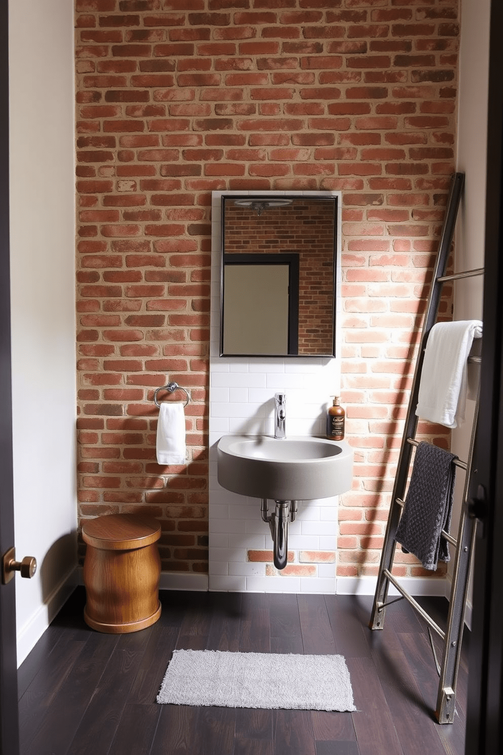 A trendy 5x7 bathroom featuring industrial-style elements. Exposed brick walls provide a rustic backdrop while a sleek metal-framed mirror hangs above a concrete sink. The flooring consists of dark wood planks that contrast with the light-colored walls. A vintage metal ladder serves as a towel rack, adding an authentic industrial touch.