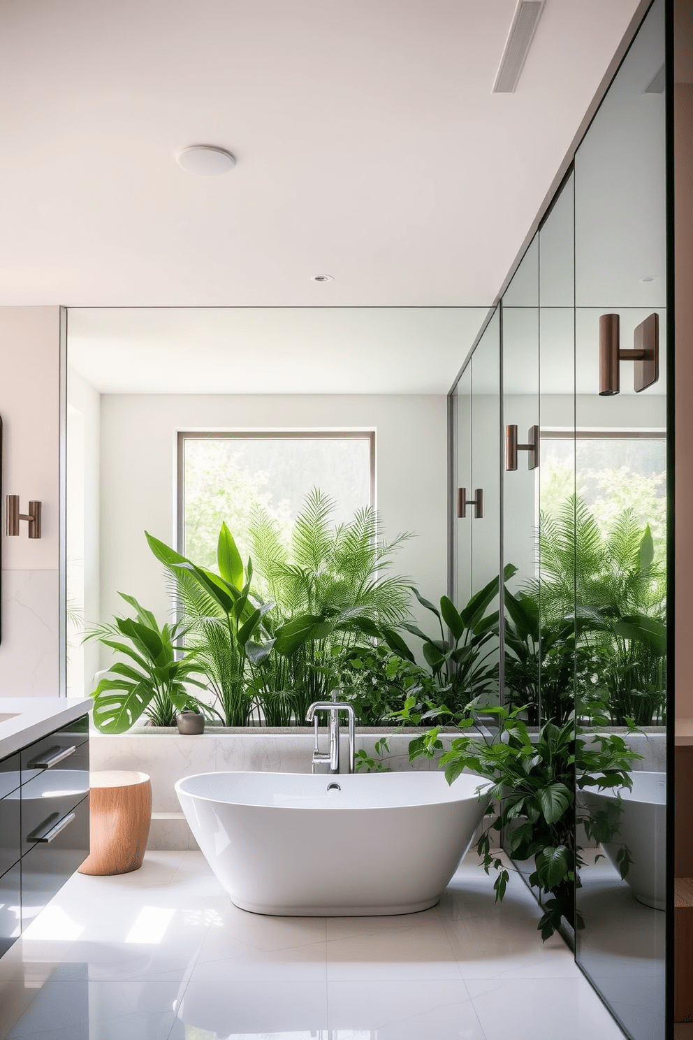 A spacious bathroom featuring a large mirror that reflects natural light, creating an airy and bright atmosphere. The design incorporates elegant fixtures and a neutral color palette to enhance the overall aesthetic. The layout includes a stylish freestanding bathtub surrounded by lush greenery for a spa-like feel. Complementing the space are modern sconces that provide soft lighting, adding warmth to the serene environment.