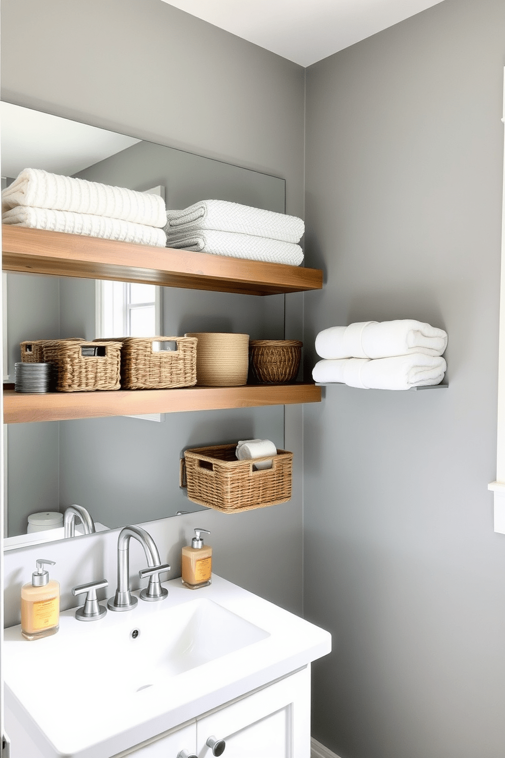 A modern bathroom featuring open shelving for easy access storage. The shelves are made of reclaimed wood and are filled with neatly arranged towels and decorative baskets. The walls are painted in a soft gray hue, creating a calming atmosphere. A large mirror above the sink reflects natural light, enhancing the spacious feel of the 5x7 design.