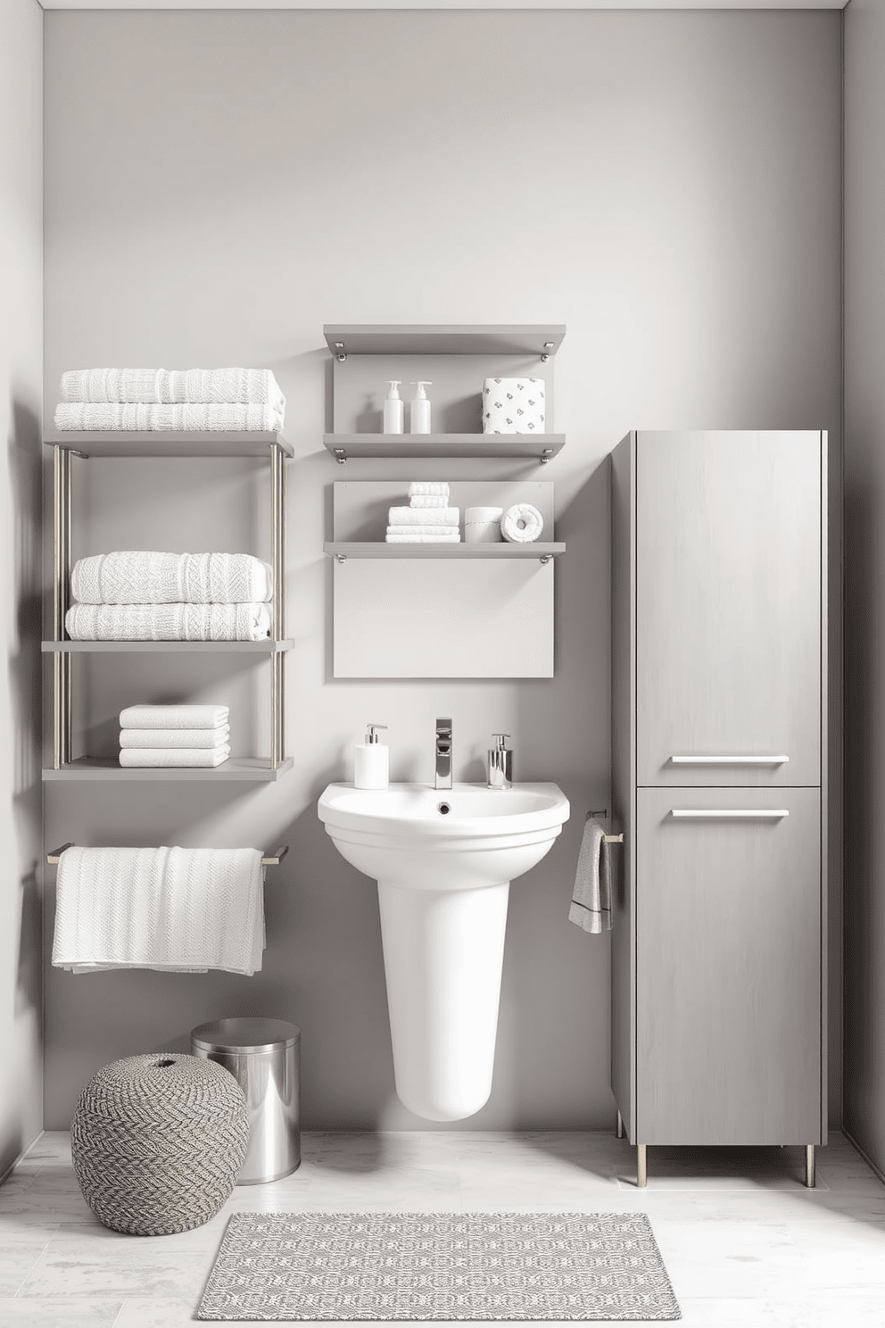 A modern bathroom design featuring vertical storage solutions to maximize space. The walls are adorned with sleek shelving units that provide ample storage for towels and toiletries. Incorporate a tall cabinet next to the sink for additional organization. The color palette includes soft grays and whites, creating a serene atmosphere.