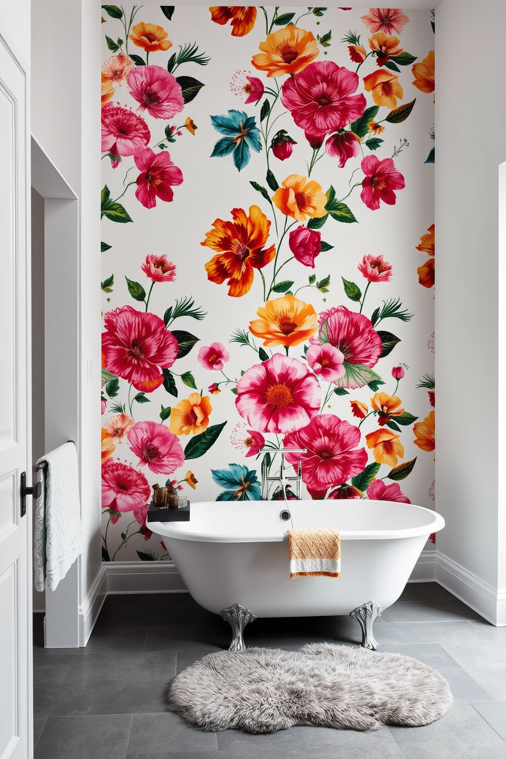 A striking bathroom featuring a statement wall adorned with bold floral wallpaper in vibrant colors. The remaining walls are painted in a soft white to enhance the brightness of the space. The floor is covered with sleek gray tiles, complementing the overall design. A modern freestanding bathtub sits elegantly in the corner, surrounded by stylish accessories and a plush rug.