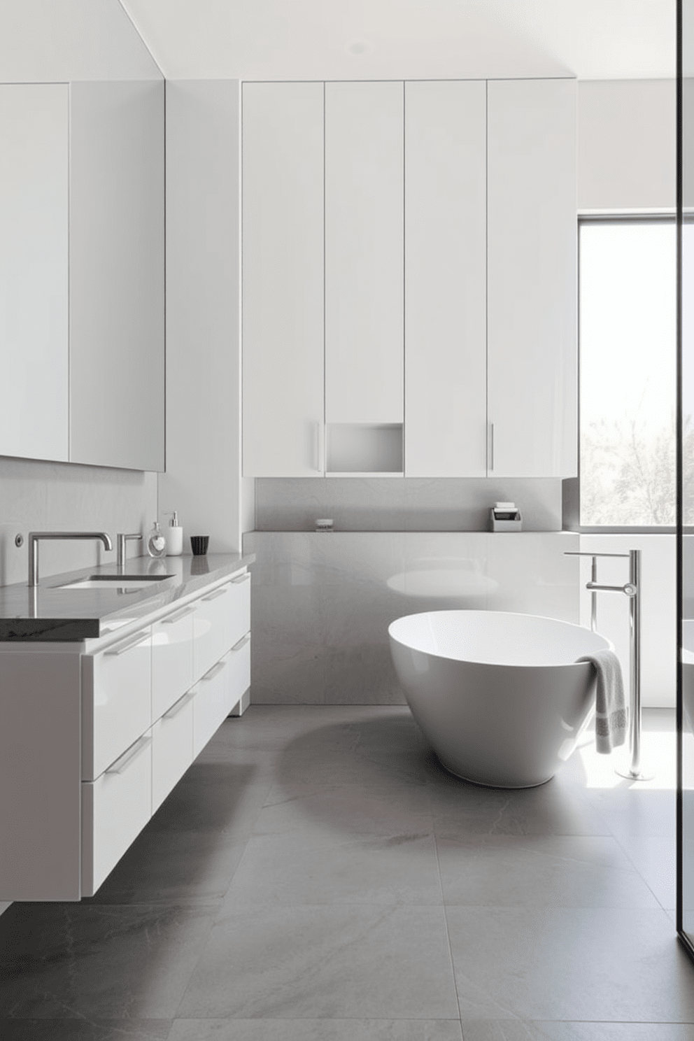 A modern minimalist bathroom featuring sleek white cabinetry with clean lines and a seamless finish. The cabinetry is complemented by a large frameless mirror that enhances the sense of space and light. The floor is adorned with large format gray tiles that create a contemporary look. A stylish freestanding bathtub sits gracefully in the corner, surrounded by soft, natural light from a nearby window.