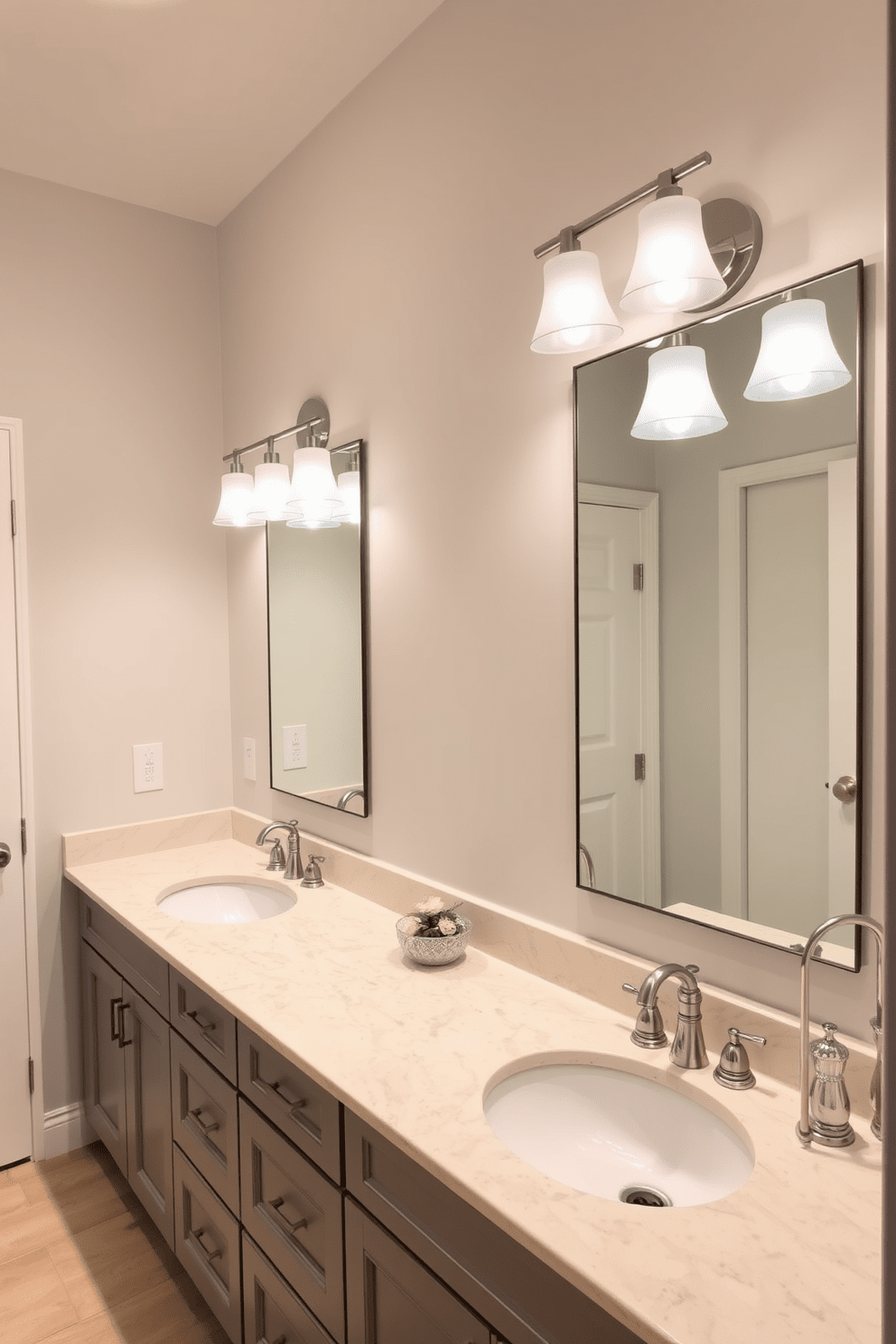 A shared bathroom featuring dual sinks for efficiency and convenience. The design includes a spacious vanity with elegant fixtures and ample storage space. The walls are painted in a soft, calming color to enhance the atmosphere. Stylish lighting fixtures above the mirrors provide both functionality and aesthetic appeal.