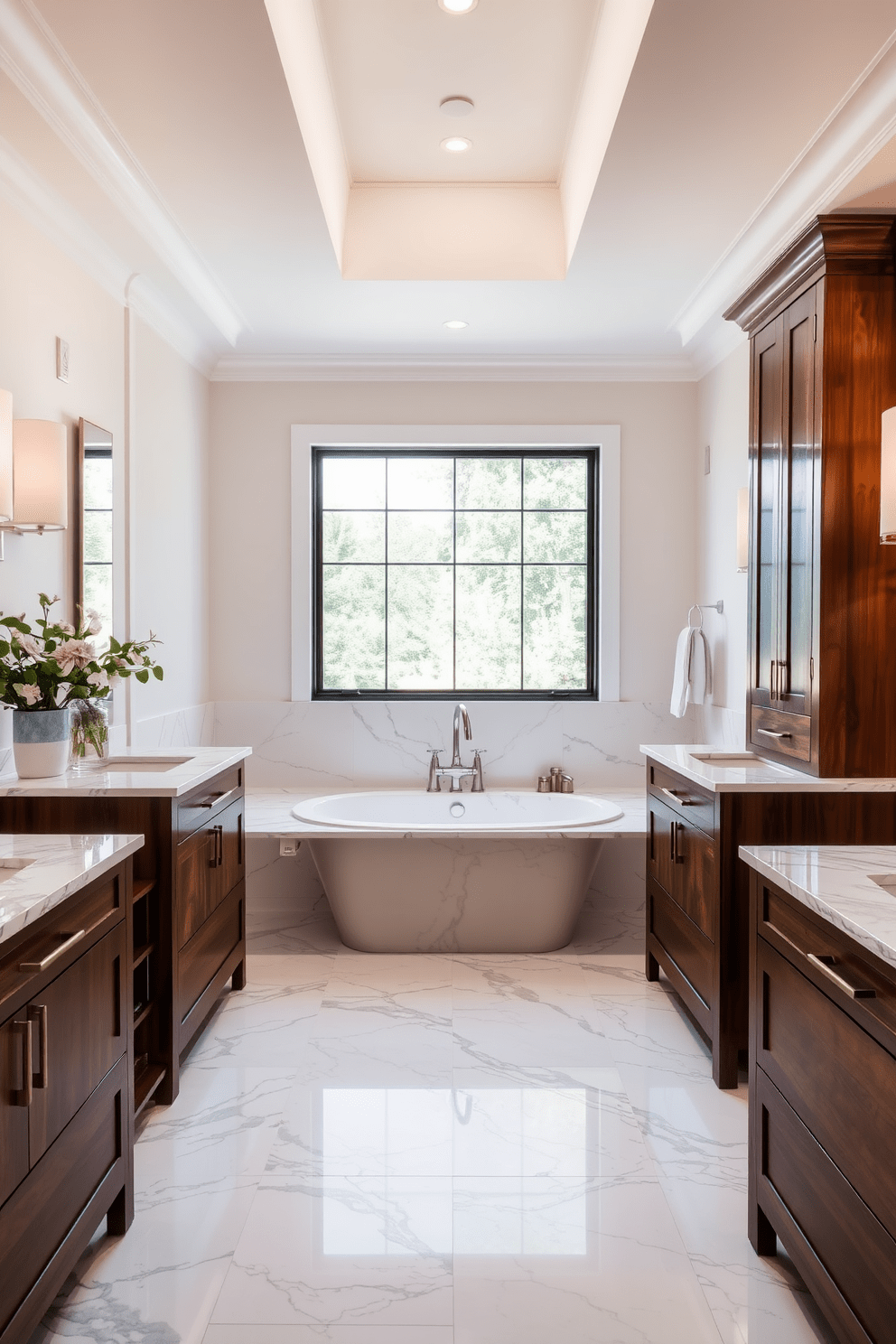 A luxurious bathroom featuring expansive marble countertops that exude elegance. The space includes a freestanding soaking tub positioned beneath a large window, allowing natural light to illuminate the room. Sleek cabinetry in a rich wood finish complements the marble, providing ample storage and a touch of warmth. The walls are adorned with soft, neutral tones, enhancing the serene atmosphere of this 8x10 bathroom design.