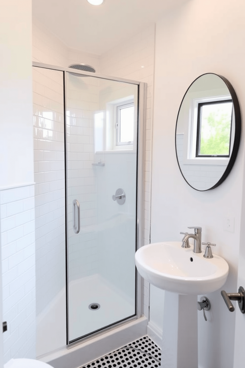 A compact corner shower with a sleek sliding door is the focal point of this 8x10 bathroom design. The walls are adorned with elegant subway tiles in a soft white hue, creating a bright and airy atmosphere. Adjacent to the shower, a modern pedestal sink with a minimalist faucet complements the contemporary style. A large round mirror hangs above the sink, reflecting the natural light that pours in from a small window nearby.