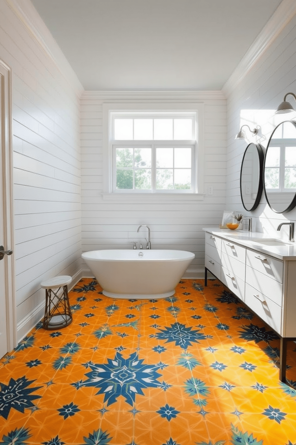 A stunning bathroom featuring bold patterned tiles on the floor that create a striking visual statement. The space includes a freestanding soaking tub positioned under a large window, allowing natural light to flood in and illuminate the vibrant patterns. The walls are adorned with soft white shiplap, providing a fresh contrast to the bold floor. A modern double vanity with sleek fixtures and a large round mirror enhances the contemporary feel of the room.