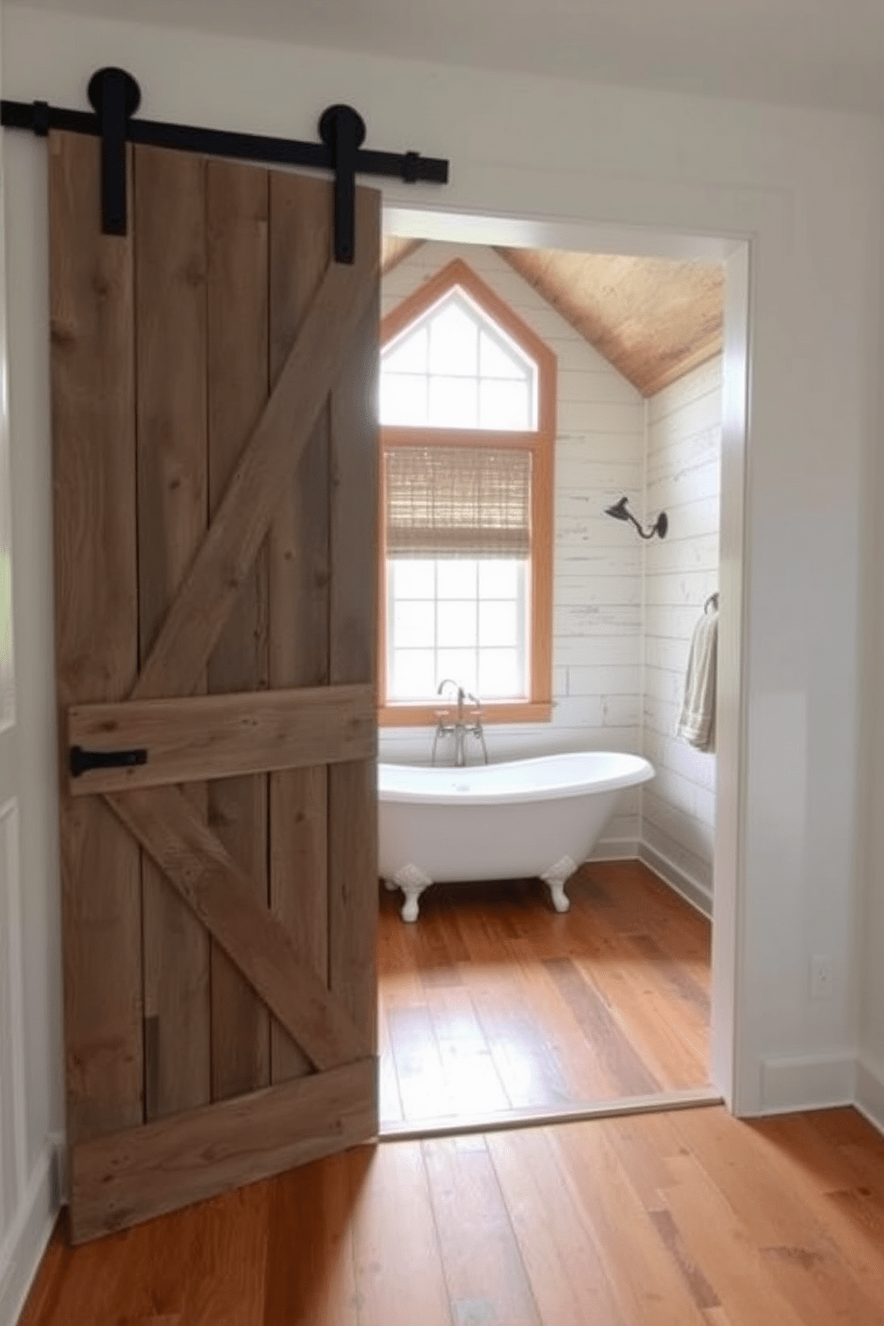 A rustic barn door serves as a unique entryway, adding charm and character to the space. The door features weathered wood and wrought iron hardware, creating an inviting focal point. In the 8x10 bathroom, a freestanding soaking tub is positioned under a window, allowing natural light to flood the room. The walls are adorned with shiplap, and the floor is covered in warm, reclaimed wood planks for a cohesive rustic feel.