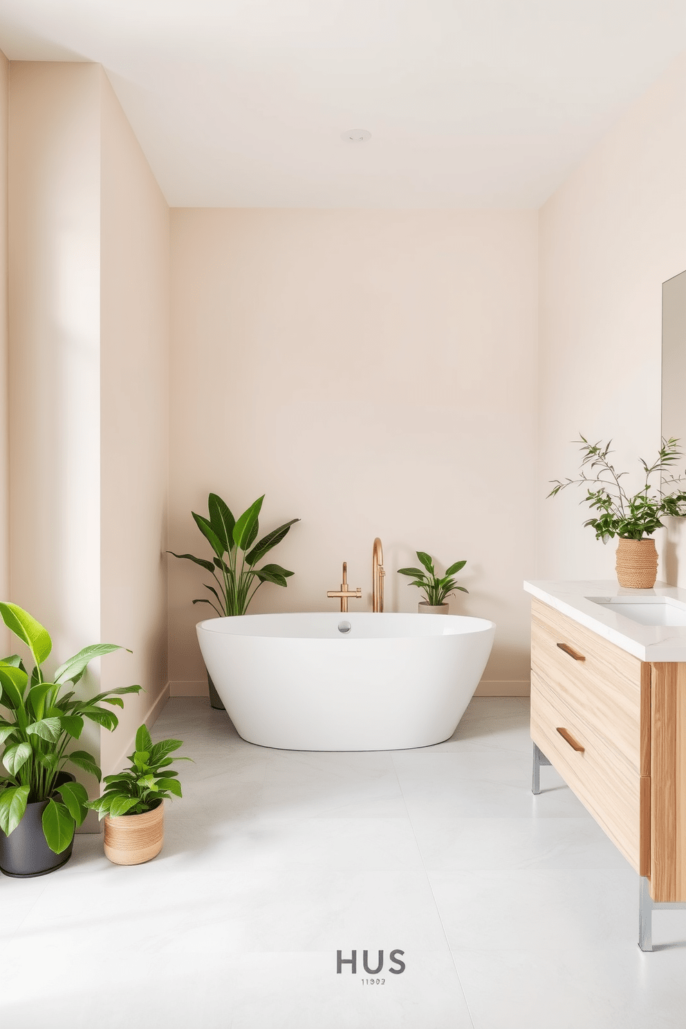 A serene bathroom oasis featuring neutral tones complemented by vibrant pops of greenery. The walls are painted in soft beige, and the floor is adorned with light gray tiles, creating a calming atmosphere. A freestanding white bathtub sits elegantly in the center, surrounded by lush potted plants that add a refreshing touch. The vanity is a sleek, minimalist design in a light wood finish, topped with a white stone countertop and accented by stylish brass fixtures.