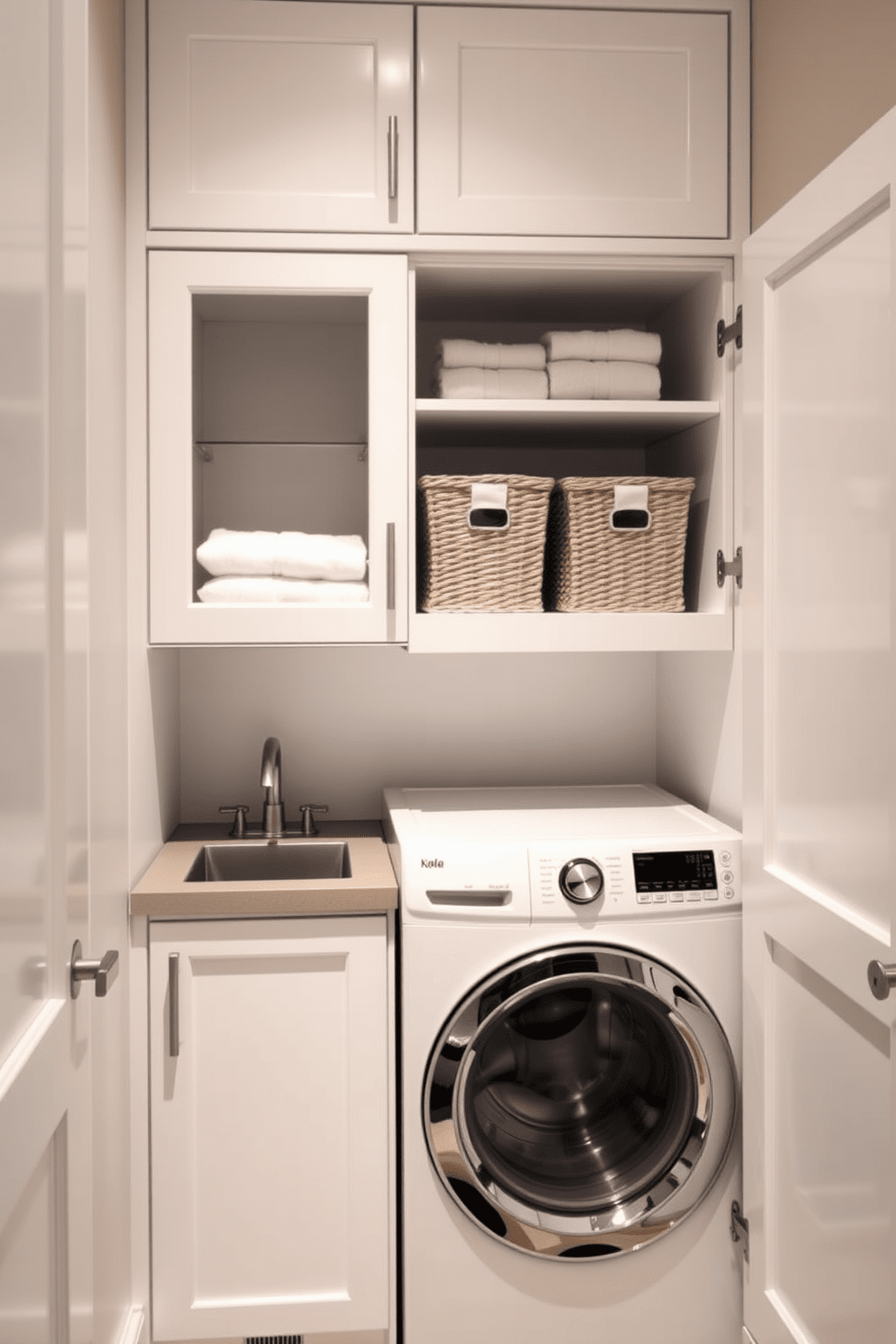 Integrated laundry space for convenience. The design features a sleek washer and dryer stacked within a custom cabinetry unit, seamlessly blending with the overall aesthetic. The cabinetry is painted in a soft white finish, providing a clean and bright look. A small countertop above the appliances offers space for folding laundry, while open shelves display neatly folded towels and decorative baskets.